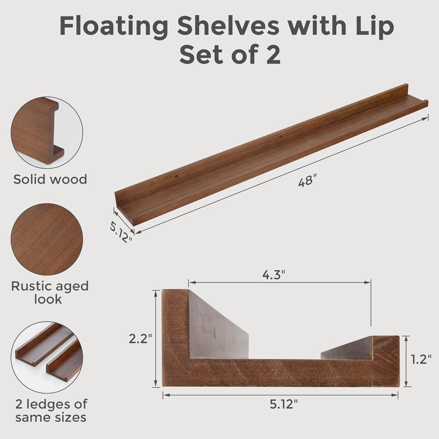 ShelfLoft 5.12 Inch Deep Picture Ledge Shelf Paulownia Wood Wall Floating Shelves with Lip for Nursery Books