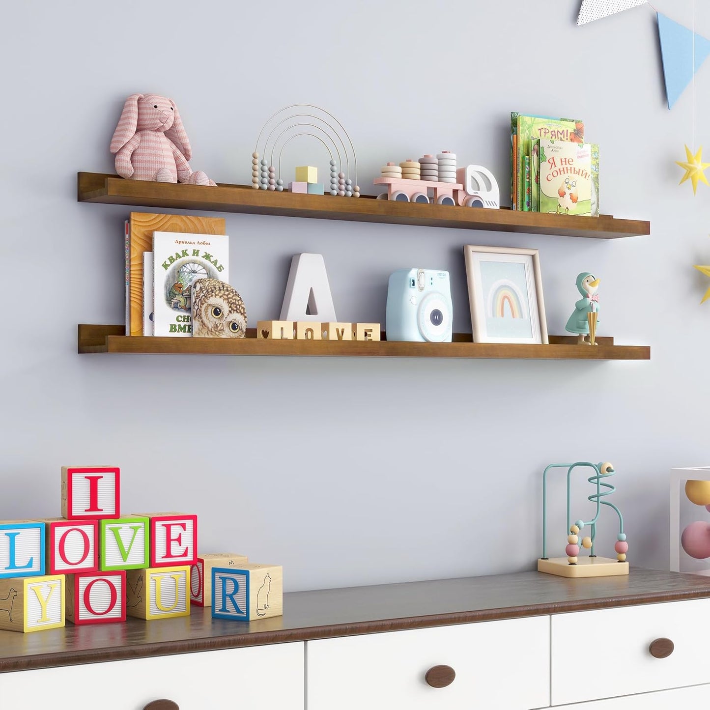 ShelfLoft 48" Wide x 5" Deep Pine Wood Picture Ledge Shelf Wall Shelves with Lip, 2 Pack