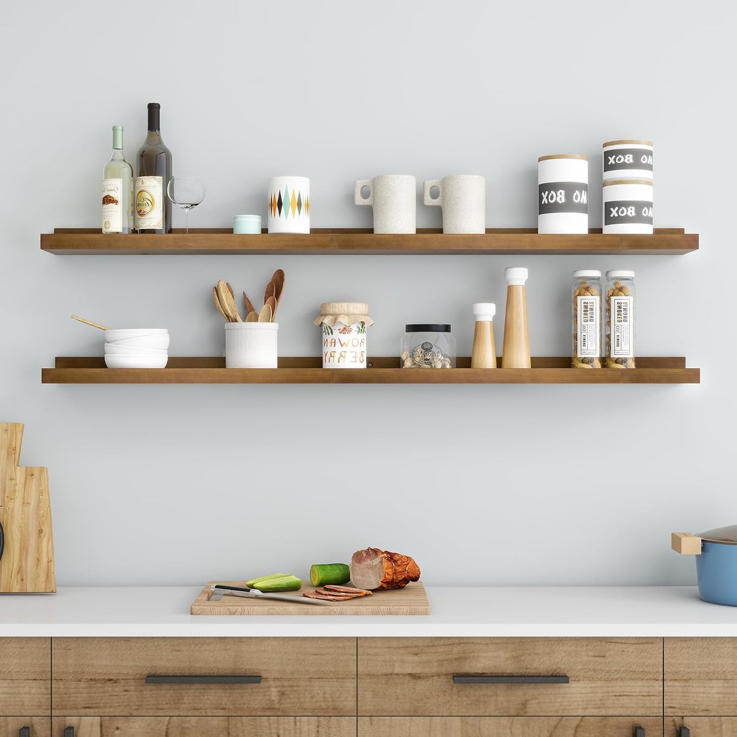 ShelfLoft 48" Wide x 5" Deep Pine Wood Picture Ledge Shelf Wall Shelves with Lip, 2 Pack