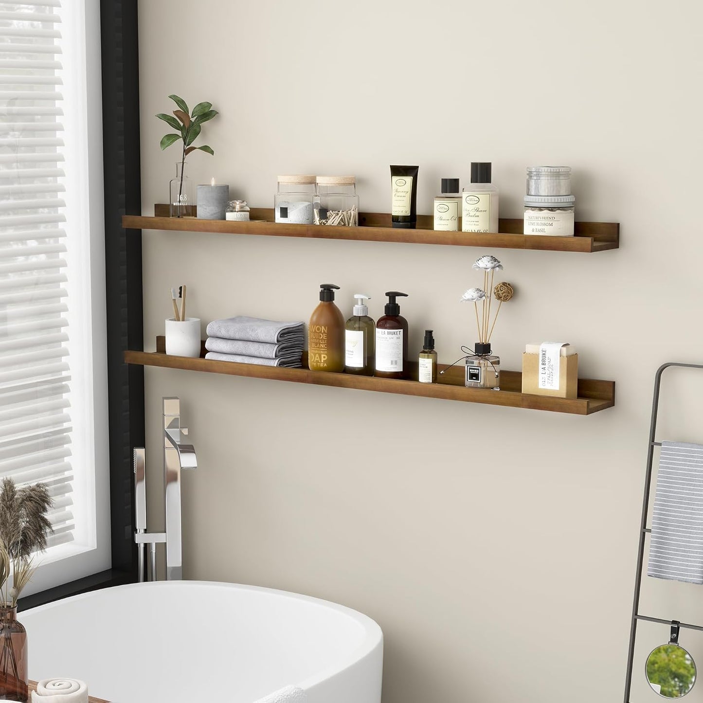 ShelfLoft 48" Wide x 5" Deep Pine Wood Picture Ledge Shelf Wall Shelves with Lip, 2 Pack