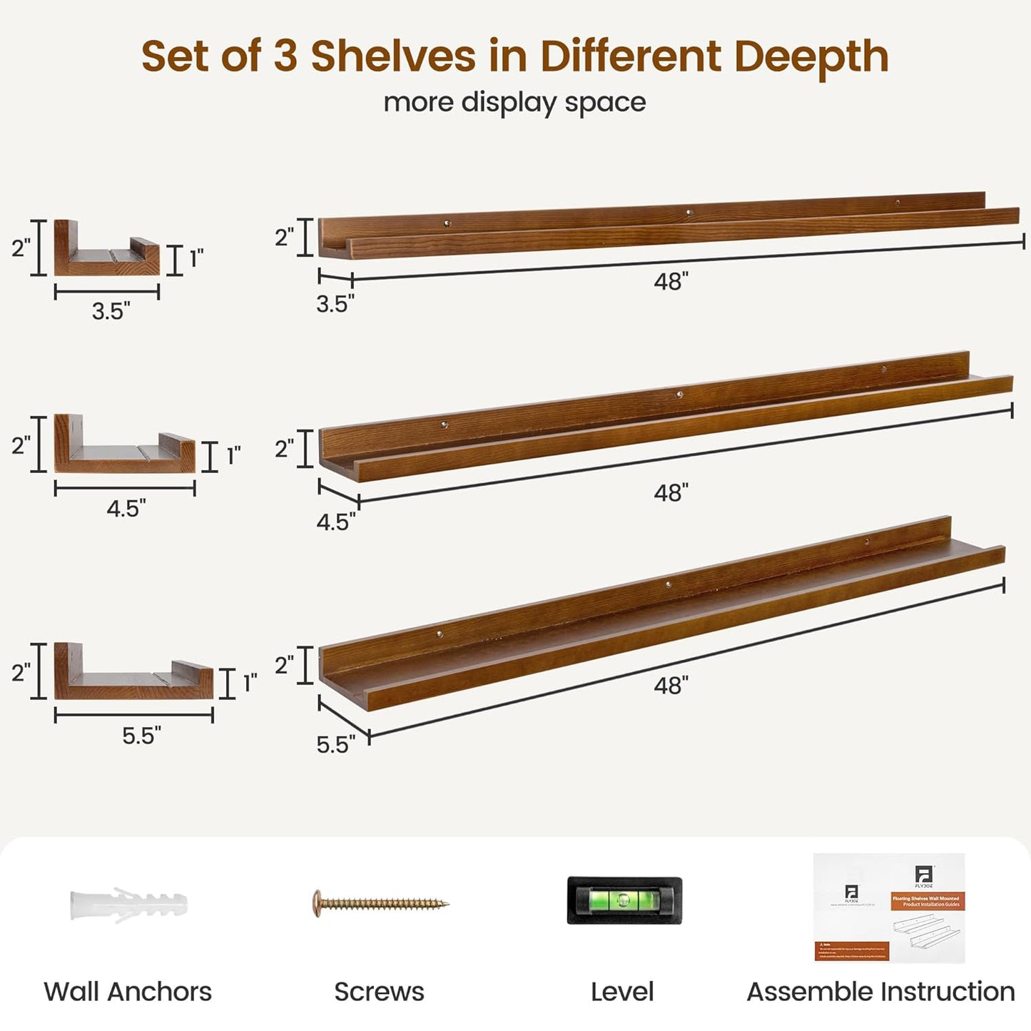 ShelfLoft 48" Wide x 5.5" Deep Pine Wood Picture Ledge Shelf Wall Shelves with Lip, 3 Pack