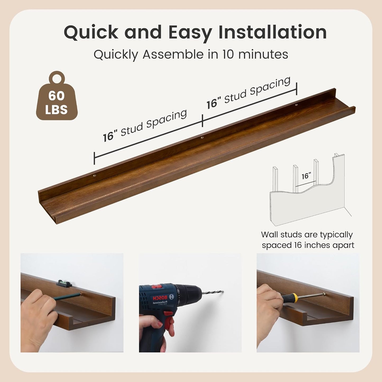 ShelfLoft 48" Wide x 5.5" Deep Pine Wood Picture Ledge Shelf Wall Shelves with Lip, 3 Pack