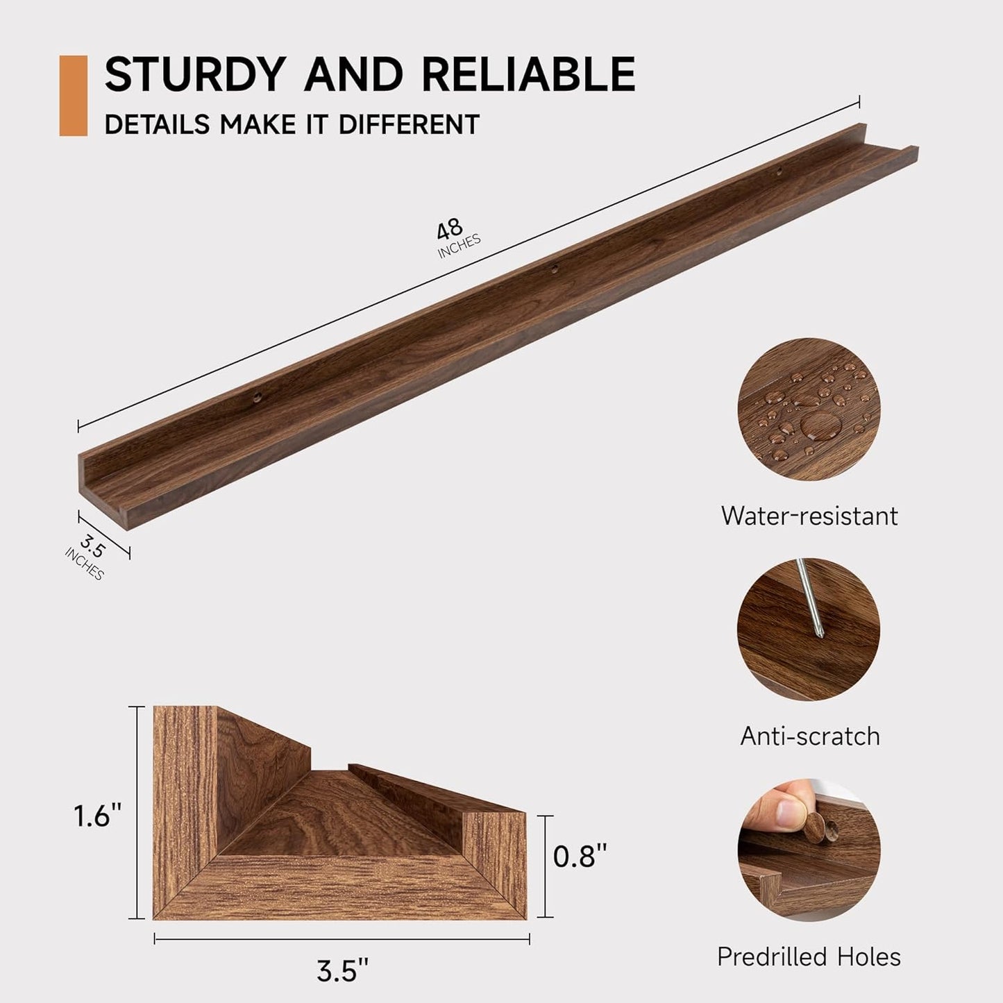 ShelfLoft 3.5"D x 1.6"H Walnut Picture Ledge Shelf Wall Display Floating Shelves