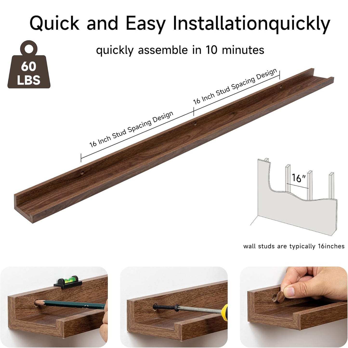 ShelfLoft 48“W x 3.5”D Walnut Picture Ledge Shelf Wall Storage Floating Shelves, 2 Pack