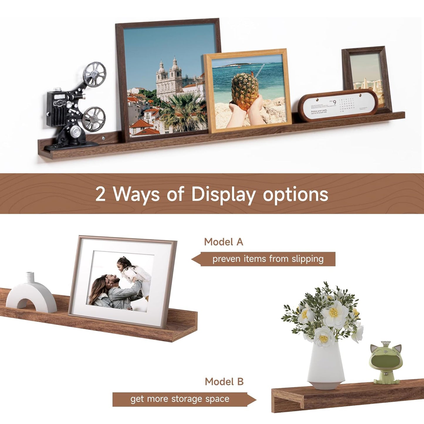 ShelfLoft 48“W x 3.5”D Walnut Picture Ledge Shelf Wall Storage Floating Shelves, 2 Pack