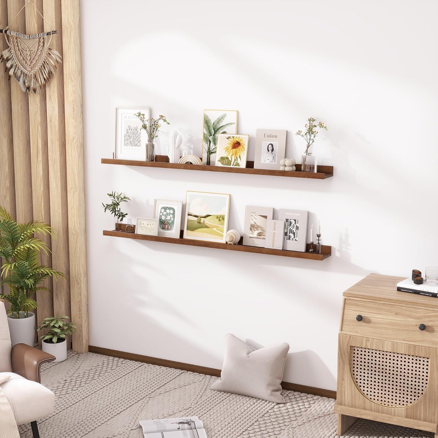 ShelfLoft 5.1 Inch Deep Picture Ledge Shelf Pine Wood Floating Shelves,Set of 2