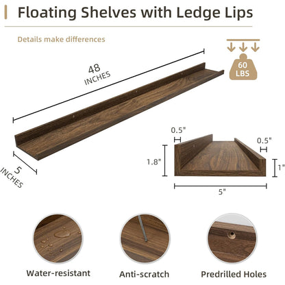 ShelfLoft 5"D x 1.8“H Walnut Picture Ledge Shelf Wood Floating Shelves