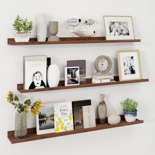 ShelfLoft 48"W x 4.2"D Walnut Picture Ledge Shelf Floating Shelves with Lip Set of 3