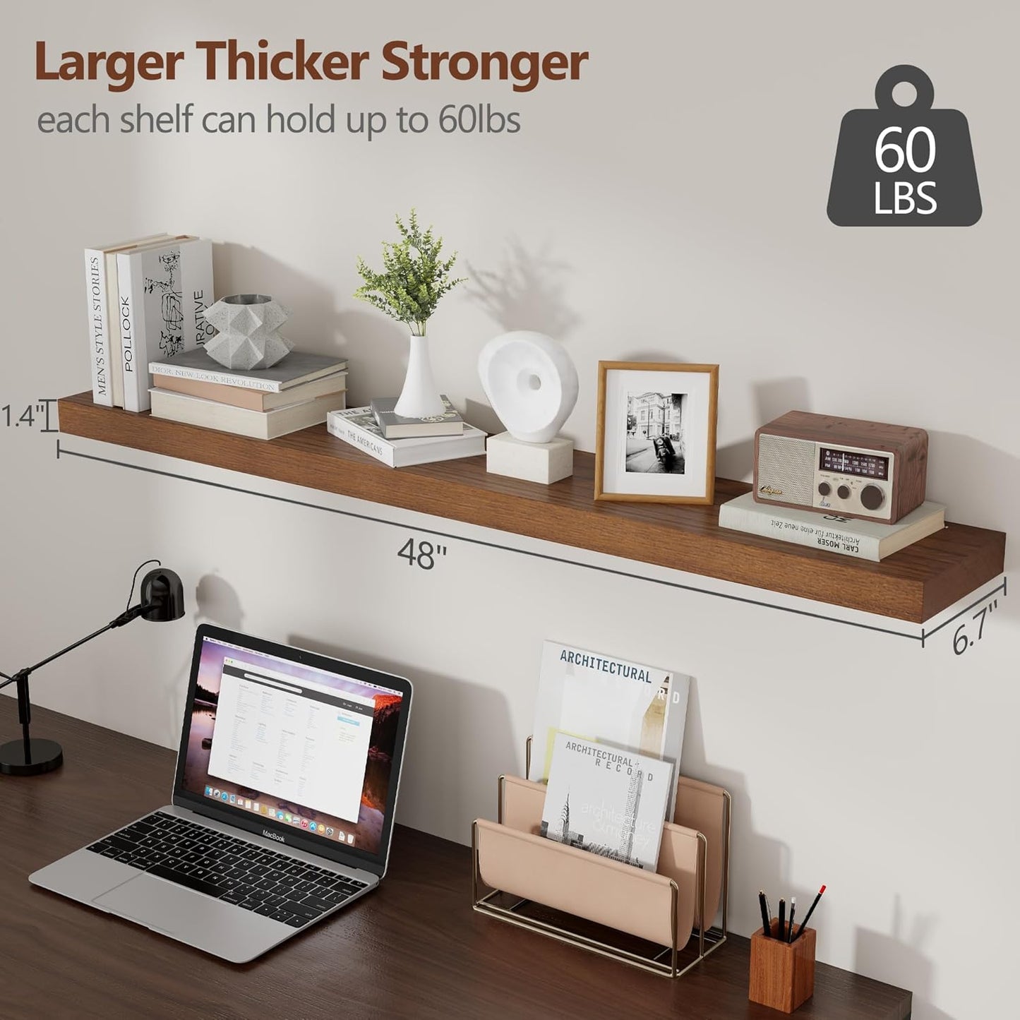 ShelfLoft 6.7"D x 1.4"H Walnut Paulownia Wood Wall Display Decor Floating Shelves