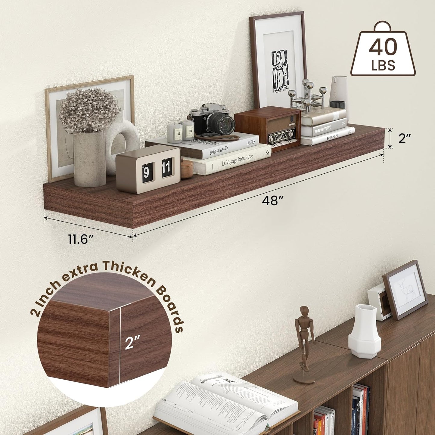 ShelfLoft 48"W x 11.6"D Walnut Floating Shelves Long Wall Display Shelf, 1 Pack
