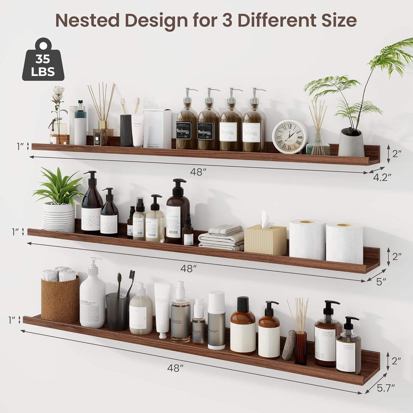 ShelfLoft 48"W x 4.2"D Walnut Picture Ledge Shelf Floating Shelves with Lip Set of 3