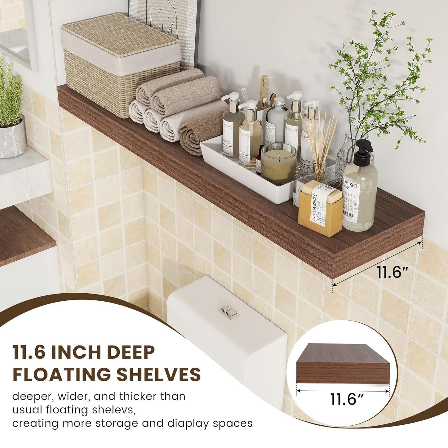 ShelfLoft 48"W x 11.6"D Walnut Floating Shelves Long Wall Display Shelf, 1 Pack