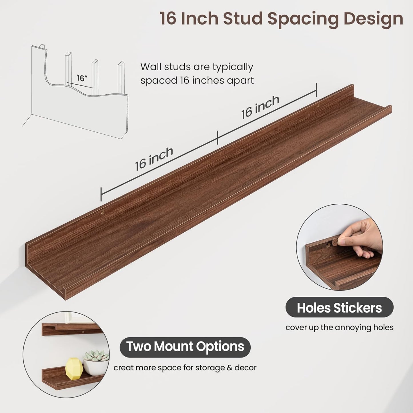 ShelfLoft 48"W x 4.2"D Walnut Picture Ledge Shelf Floating Shelves with Lip Set of 3