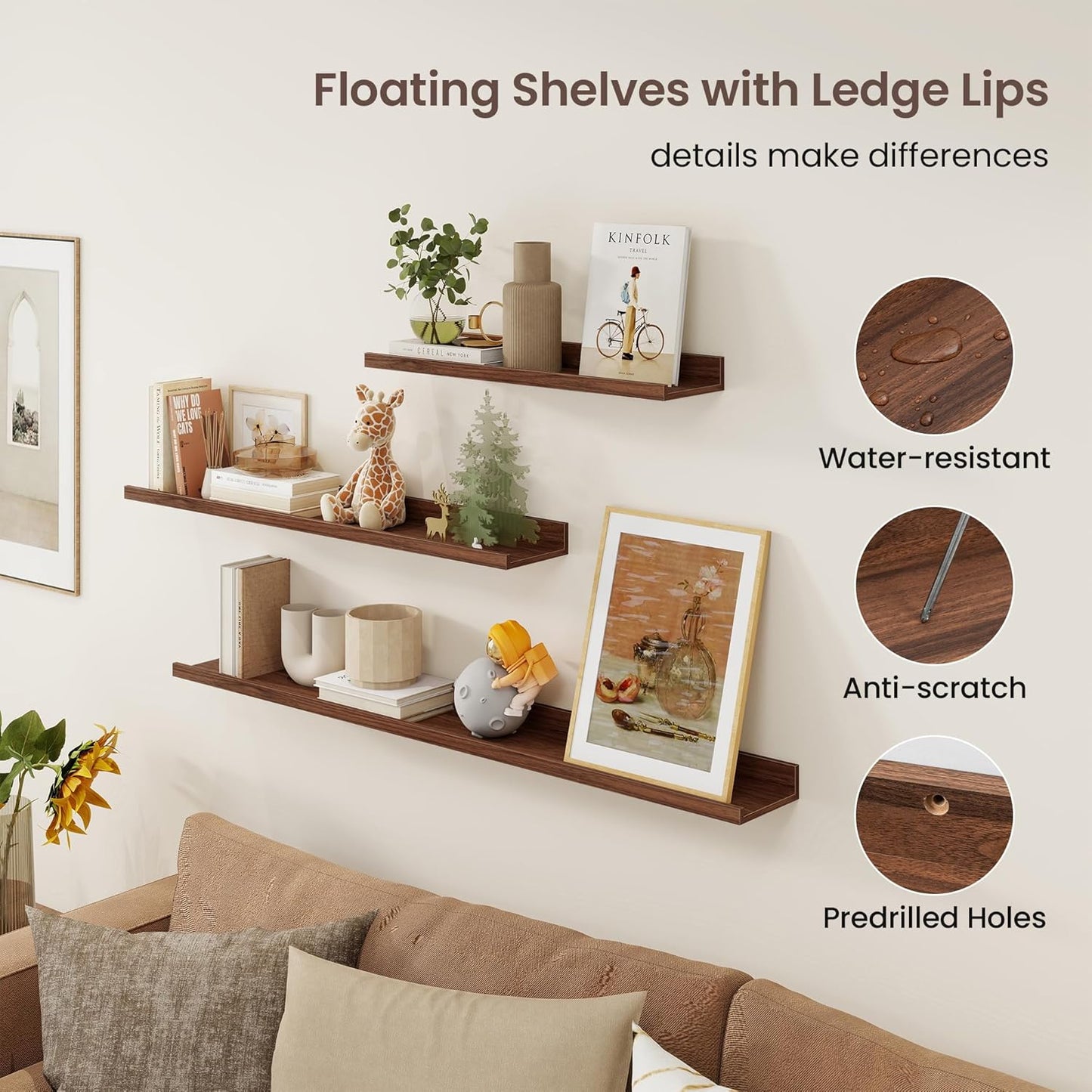 ShelfLoft 48"W x 4.2"D Walnut Picture Ledge Shelf Floating Shelves with Lip Set of 3