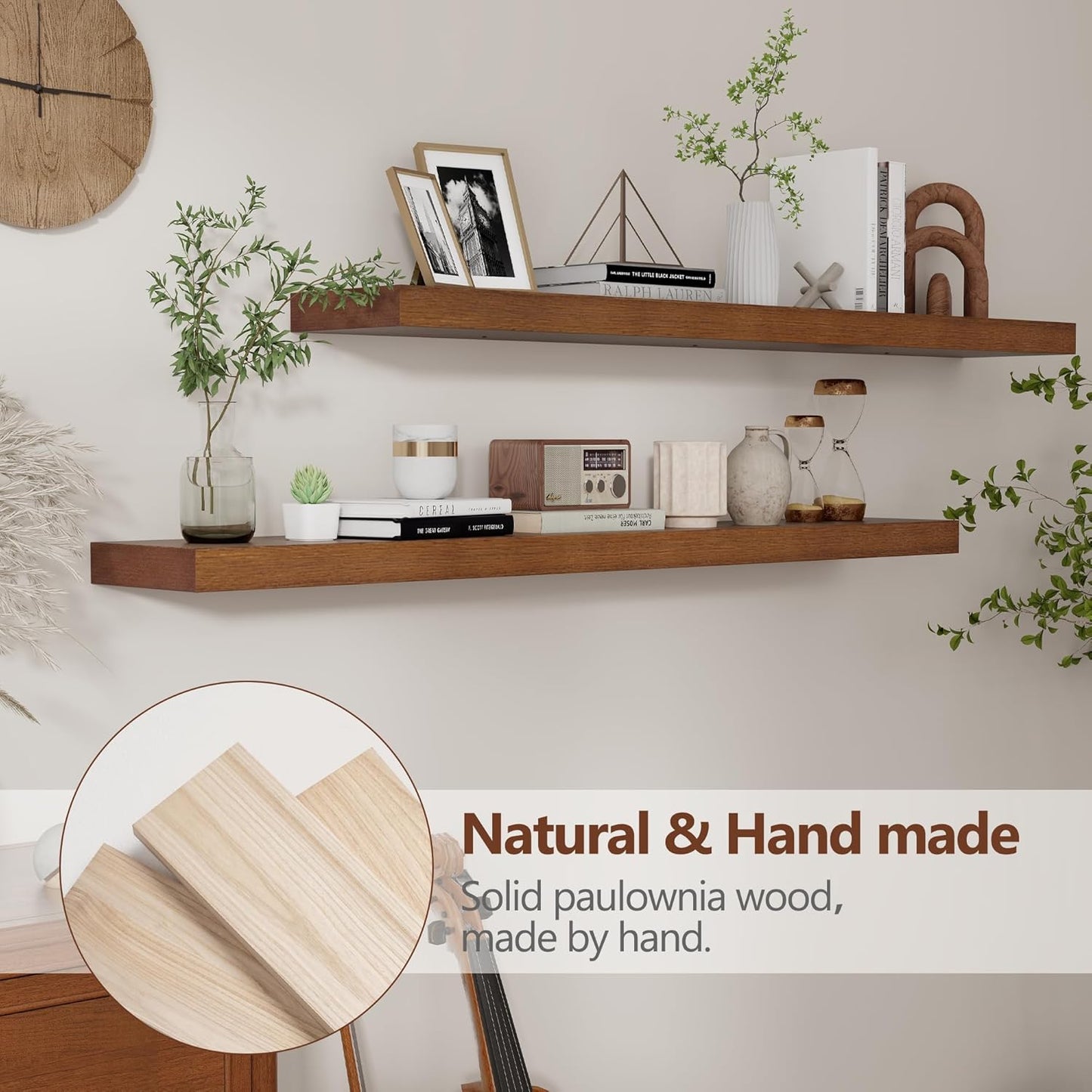 ShelfLoft 48" Wide x 6.7" Deep Paulownia Wood Wall Display Decor Floating Shelves,2 Pack