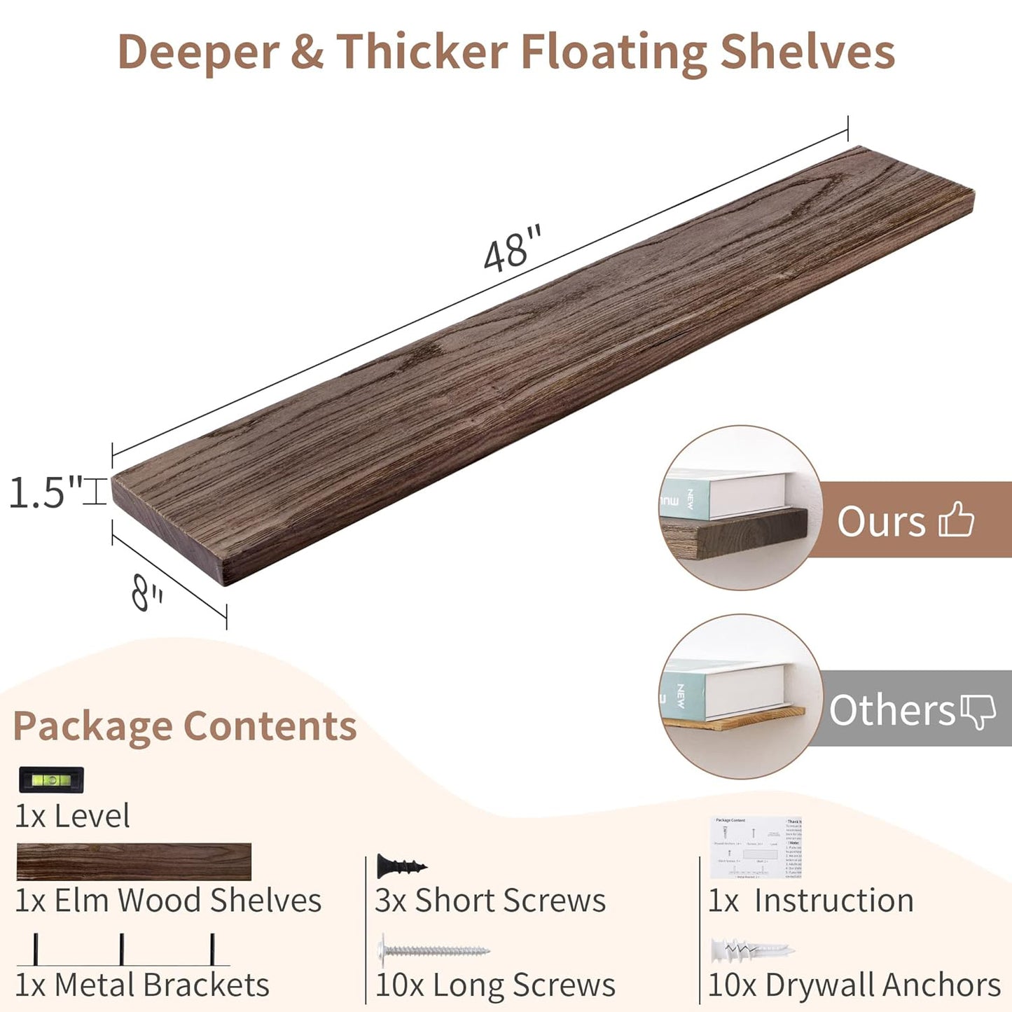 ShelfLoft 8"D x 1.5"H Rustic Walnut Solid Elm Wood Wall Shelves for Storage