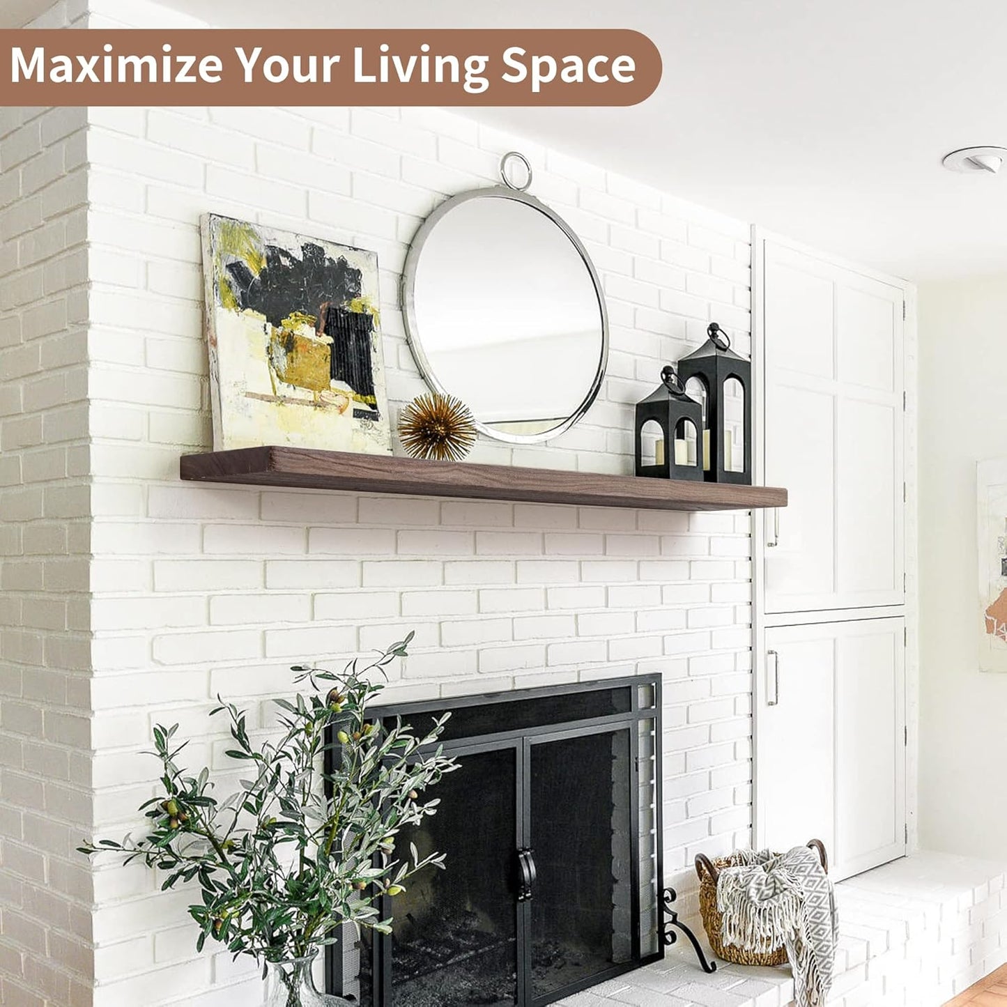 ShelfLoft 48"W x 8"D Rustic Solid Elm Wood Wall Shelves for Storage, Walnut-1 Pack