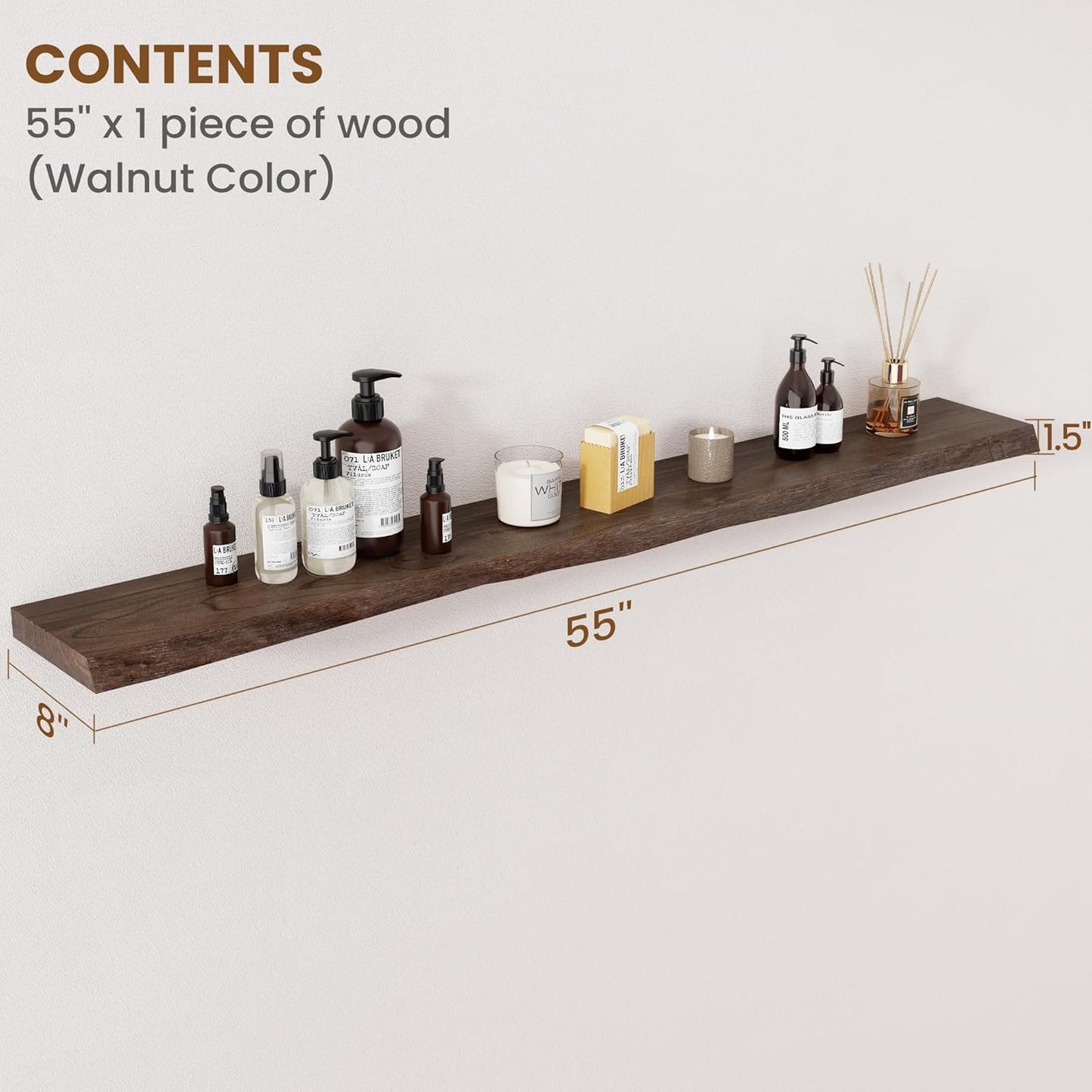 ShelfLoft 55"W x 8"D 60lbs Walnut Solid Elm Wood Floating Shelves,1 Pack