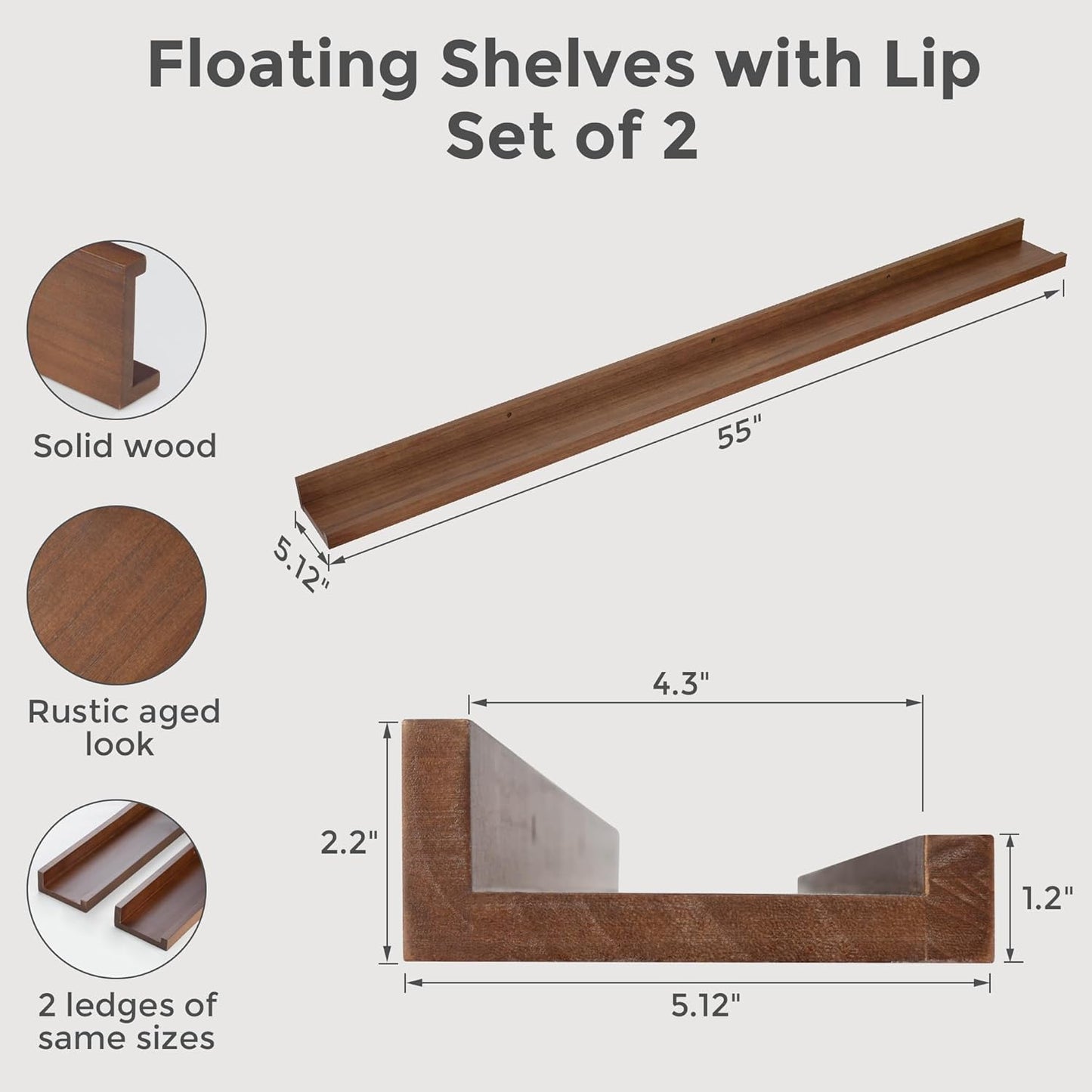 ShelfLoft 5.12 Inch Deep Picture Ledge Shelf Paulownia Wood Wall Floating Shelves with Lip for Nursery Books