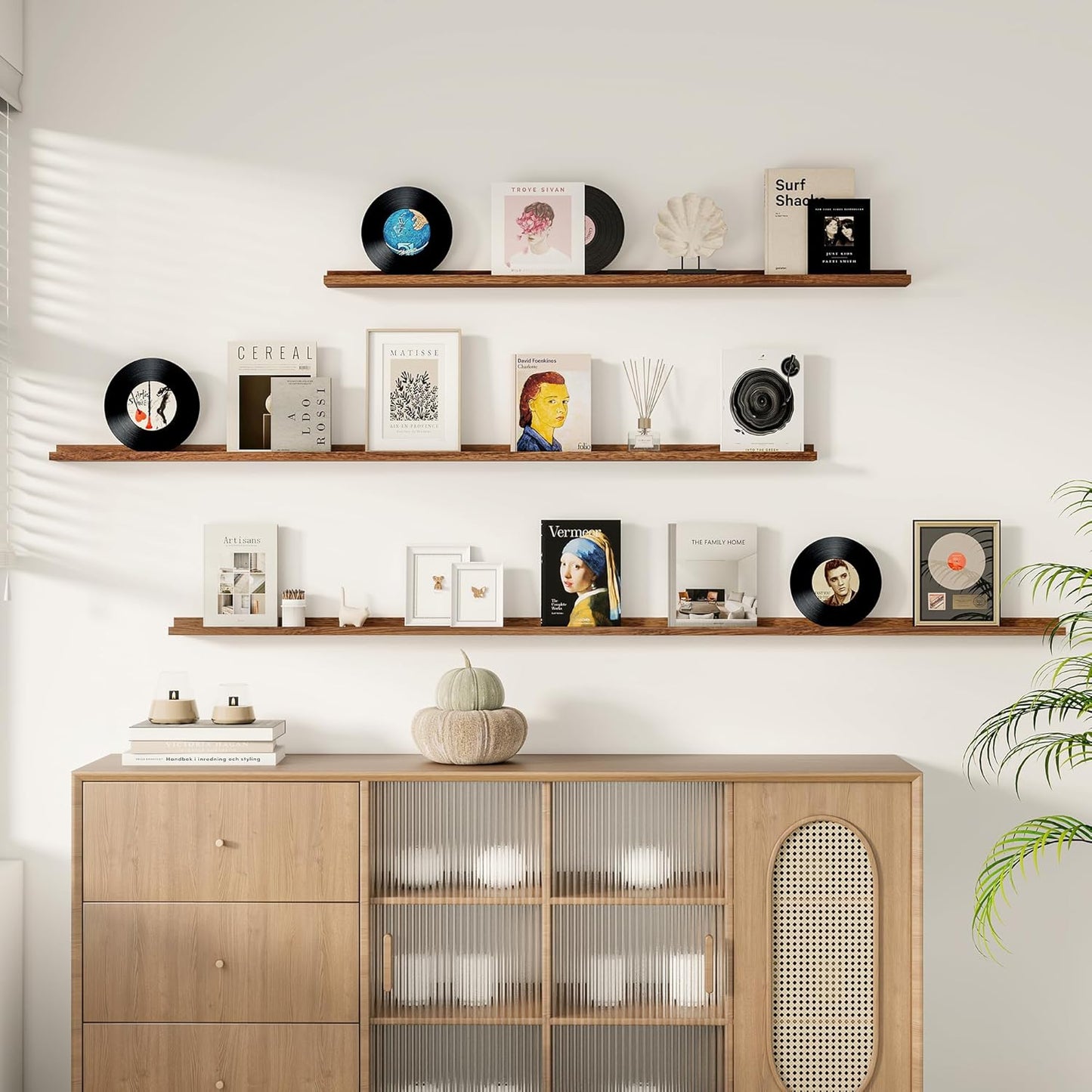 ShelfLoft 55“W x 3.5”D Walnut Picture Ledge Shelf Wall Display Long Floating Shelves, 2 Pack