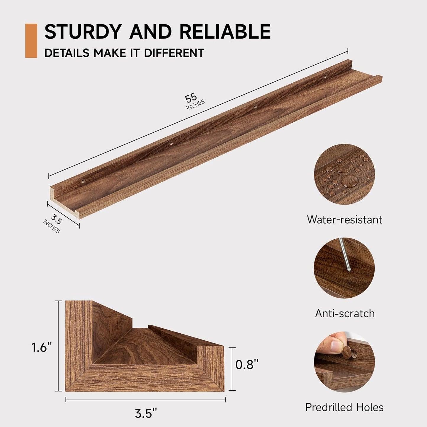 ShelfLoft 55“W x 3.5”D Walnut Picture Ledge Shelf Wall Display Long Floating Shelves, 2 Pack