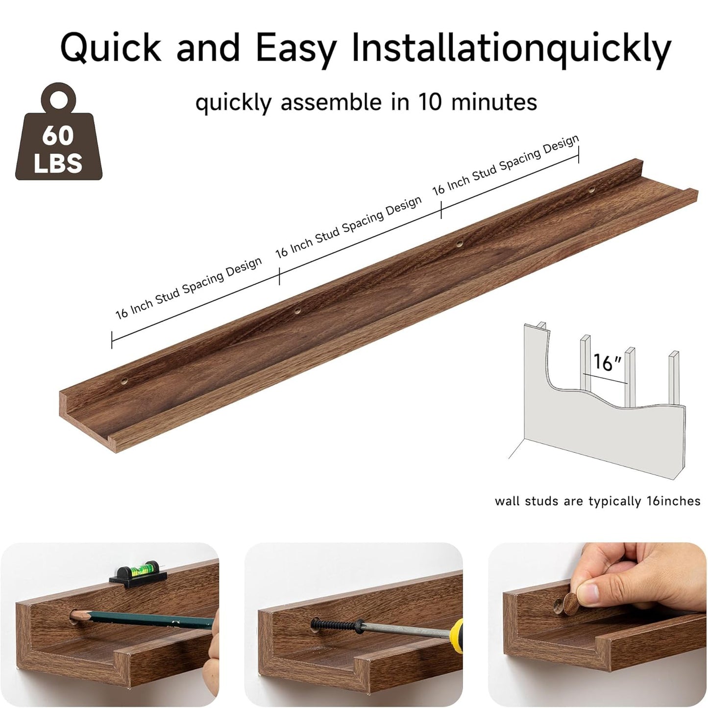 ShelfLoft 55“W x 3.5”D Walnut Picture Ledge Shelf Wall Display Long Floating Shelves, 2 Pack