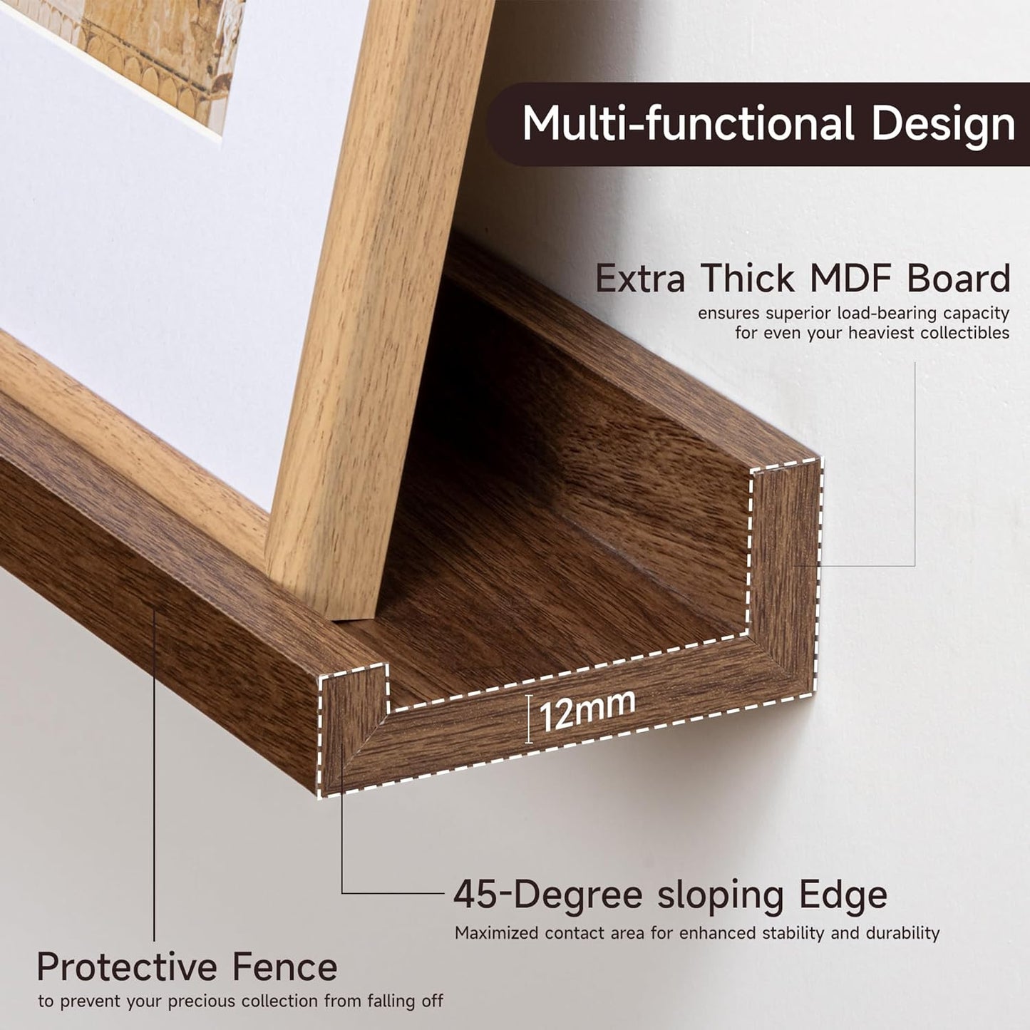 ShelfLoft 55“W x 3.5”D Walnut Picture Ledge Shelf Wall Display Long Floating Shelves, 2 Pack