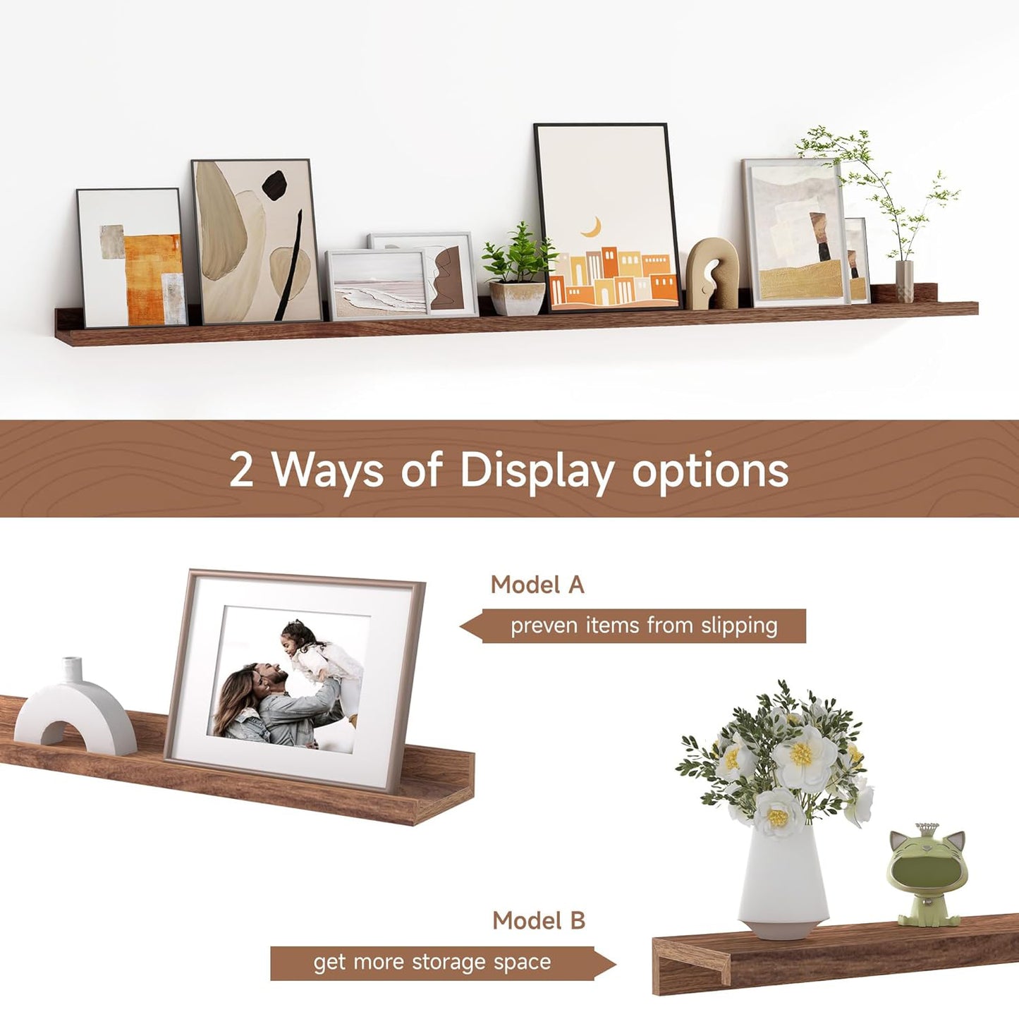 ShelfLoft 55“W x 3.5”D Walnut Picture Ledge Shelf Wall Display Long Floating Shelves, 2 Pack