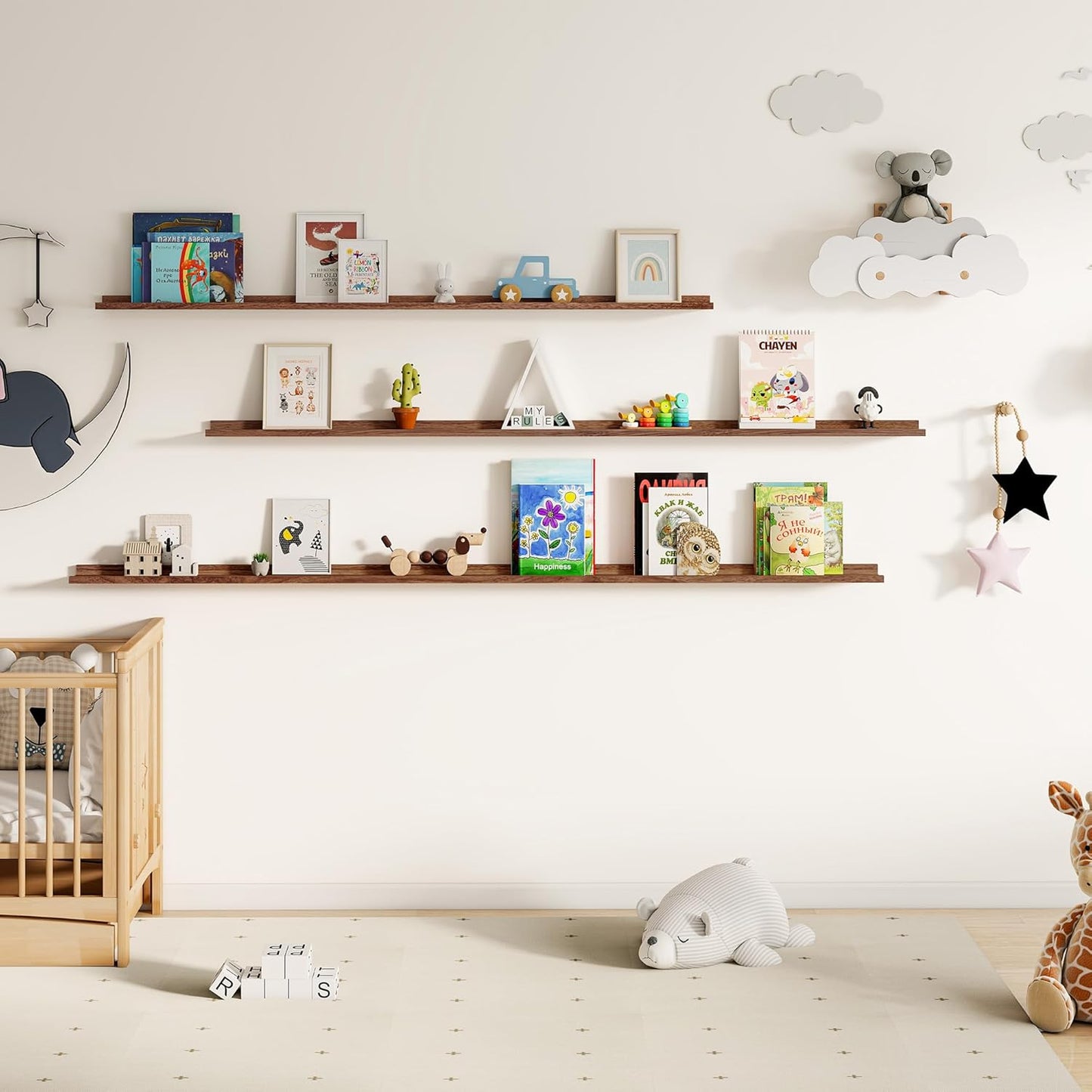 ShelfLoft 55“W x 3.5”D Walnut Picture Ledge Shelf Wall Display Long Floating Shelves, 2 Pack