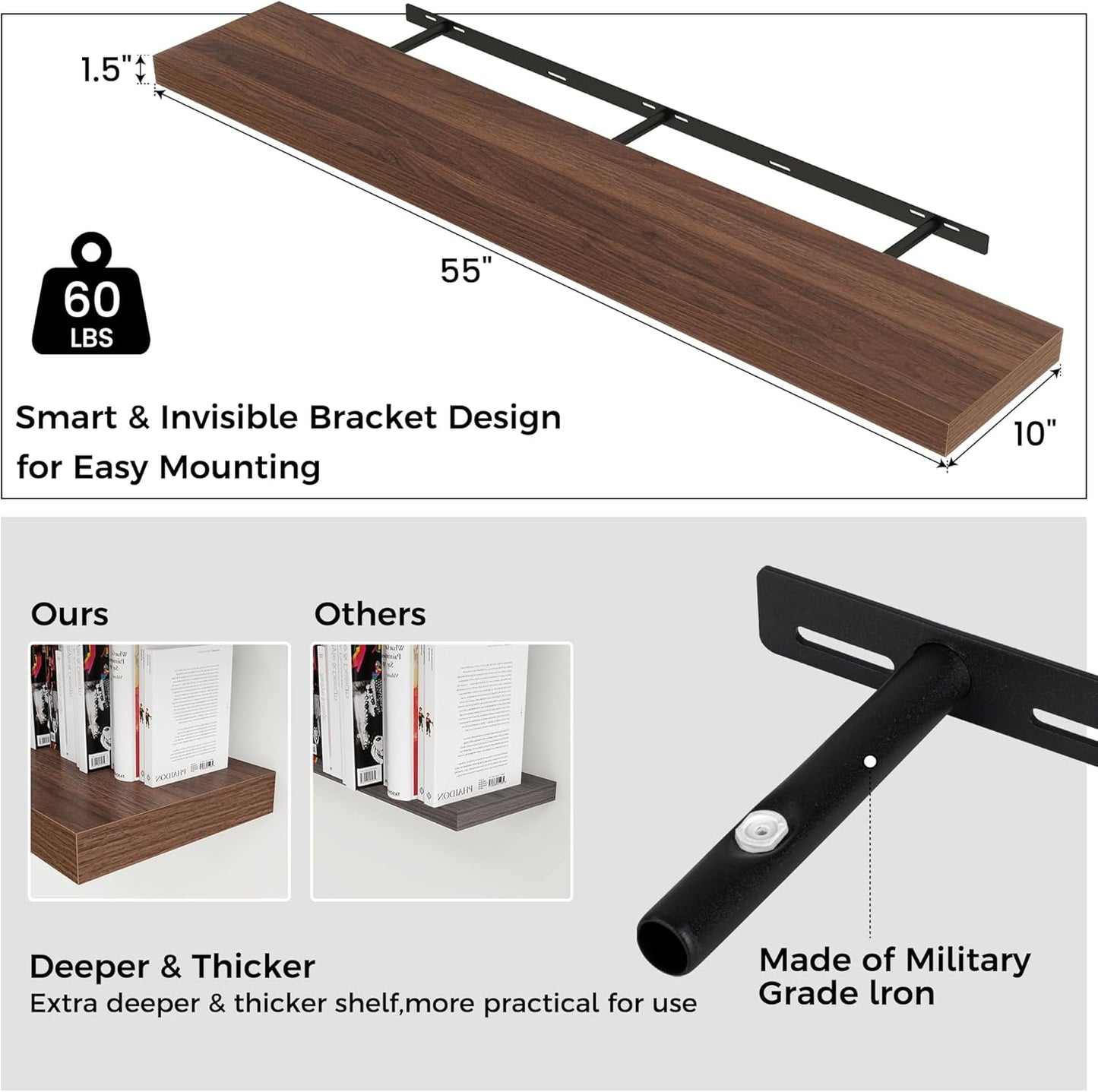 ShelfLoft 55"W x 10"D Walnut Floating Shelves for Wall Storage,1 Pack