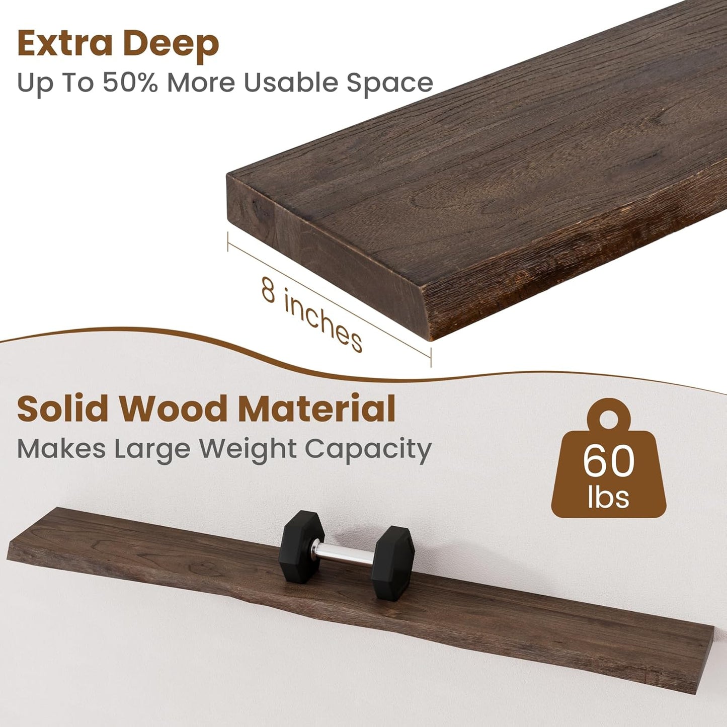 ShelfLoft 8"D x 1.5"H 60lbs Walnut Solid Elm Wood Floating Shelves