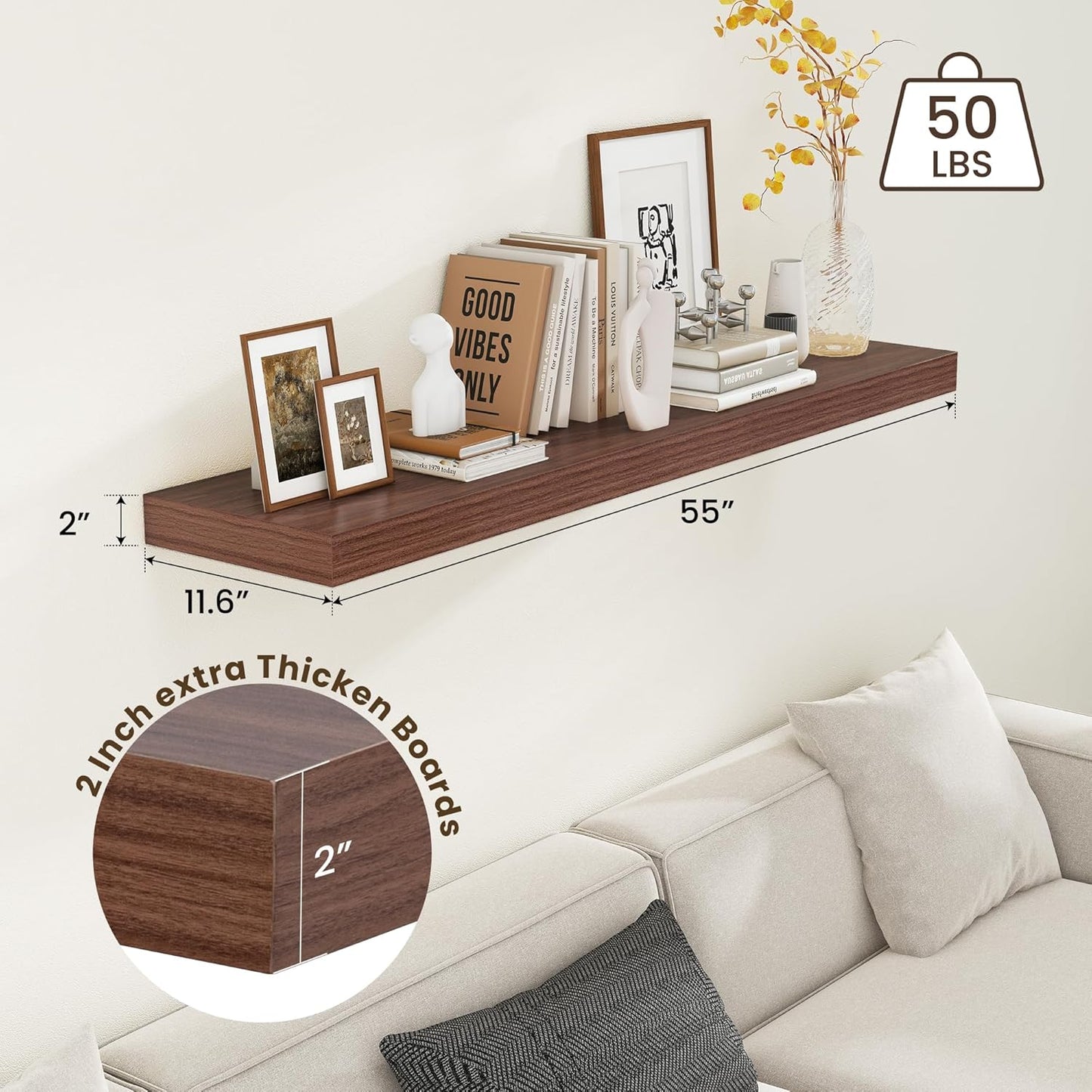 ShelfLoft 55"W x 11.6"D Walnut Floating Shelves Long Wall Display Shelf, 1 Pack