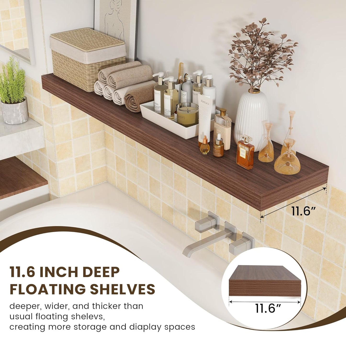 ShelfLoft 55"W x 11.6"D Walnut Floating Shelves Long Wall Display Shelf, 1 Pack