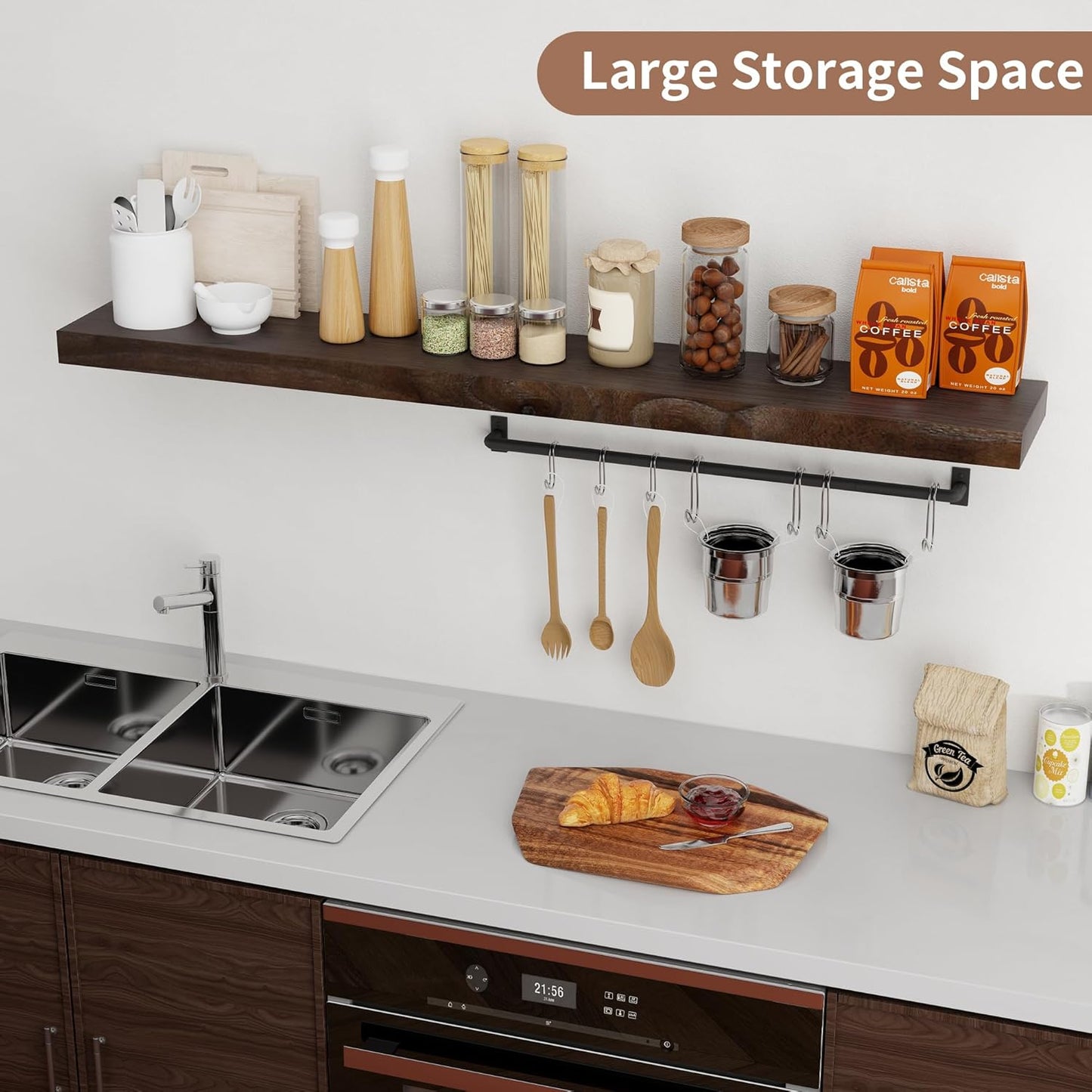 ShelfLoft 55"W x 8"D Rustic Solid Elm Wood Wall Shelves for Storage, Walnut-1 Pack