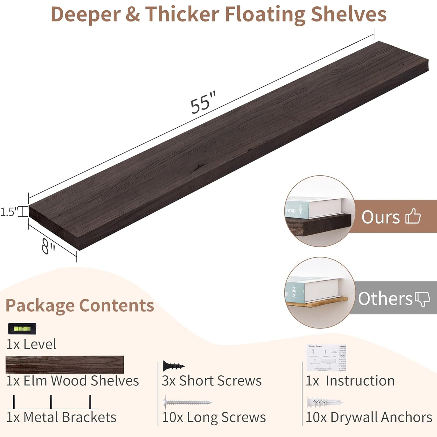 ShelfLoft 55"W x 8"D Rustic Solid Elm Wood Wall Shelves for Storage, Walnut-1 Pack