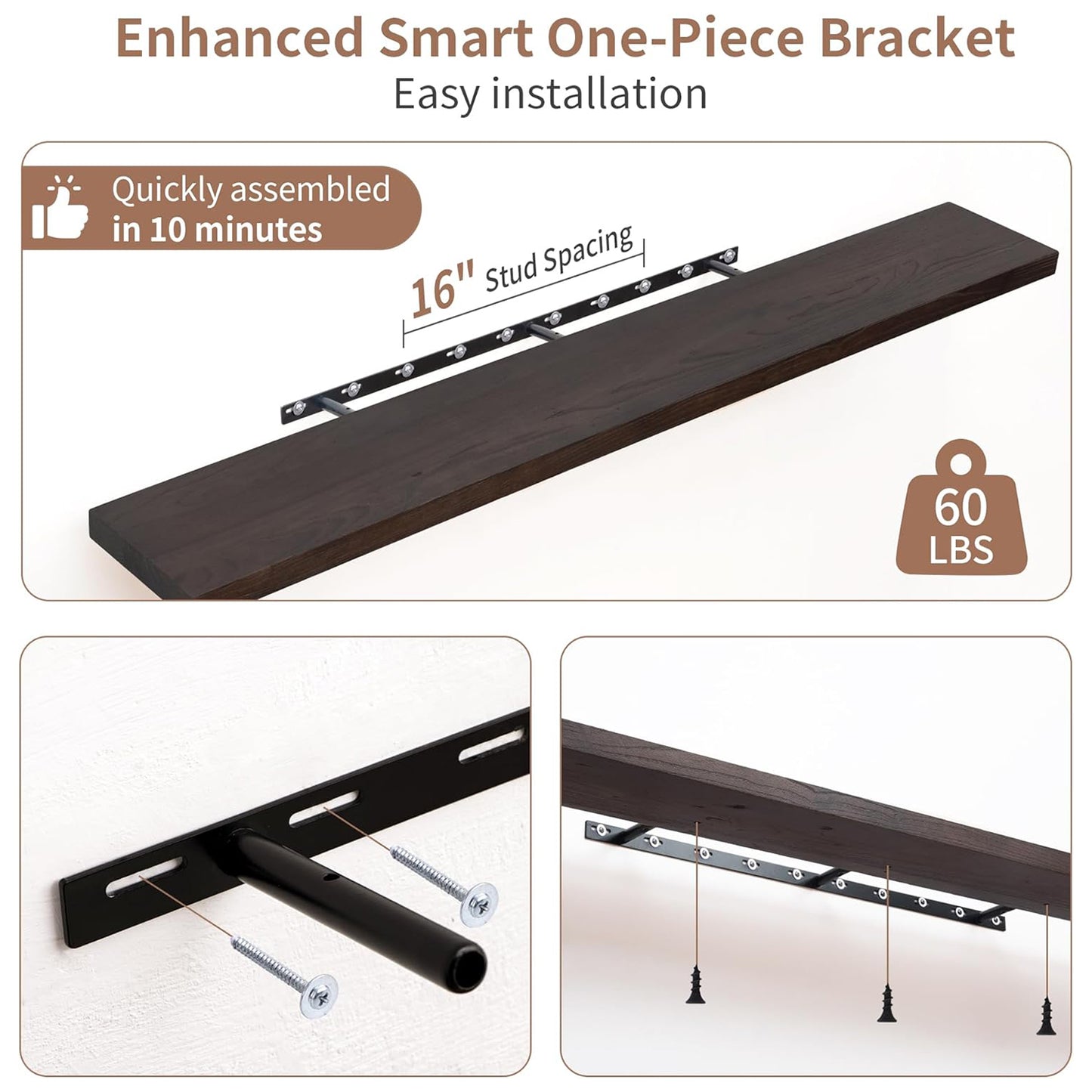 ShelfLoft 55" Wide x 8" Deep Rustic Solid Elm Wood Wall Shelves for Storage, 1 Pack