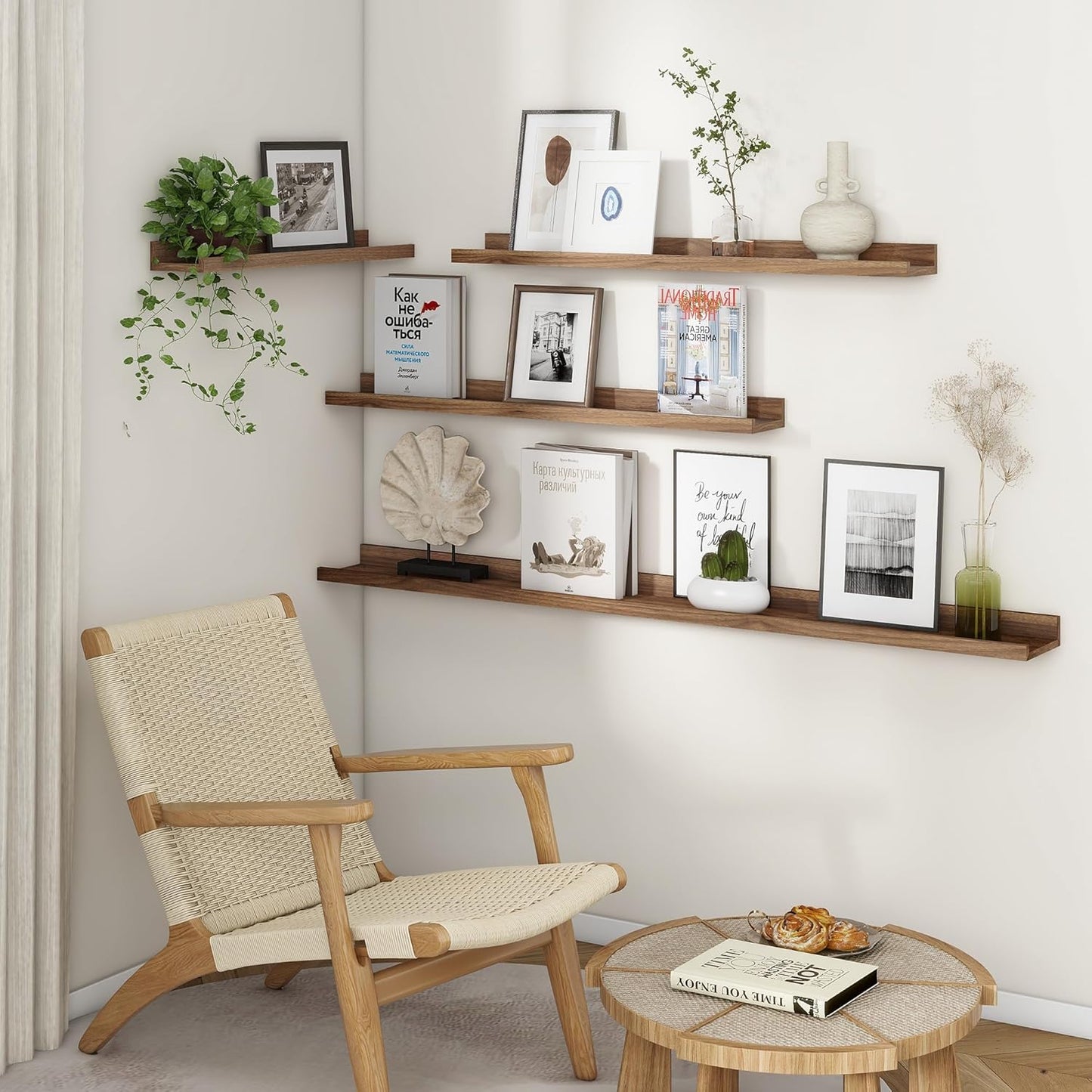 ShelfLoft 5.7"D x 2"H Walnut Picture Ledge Shelf Floating Shelves with Lip, Set of 3