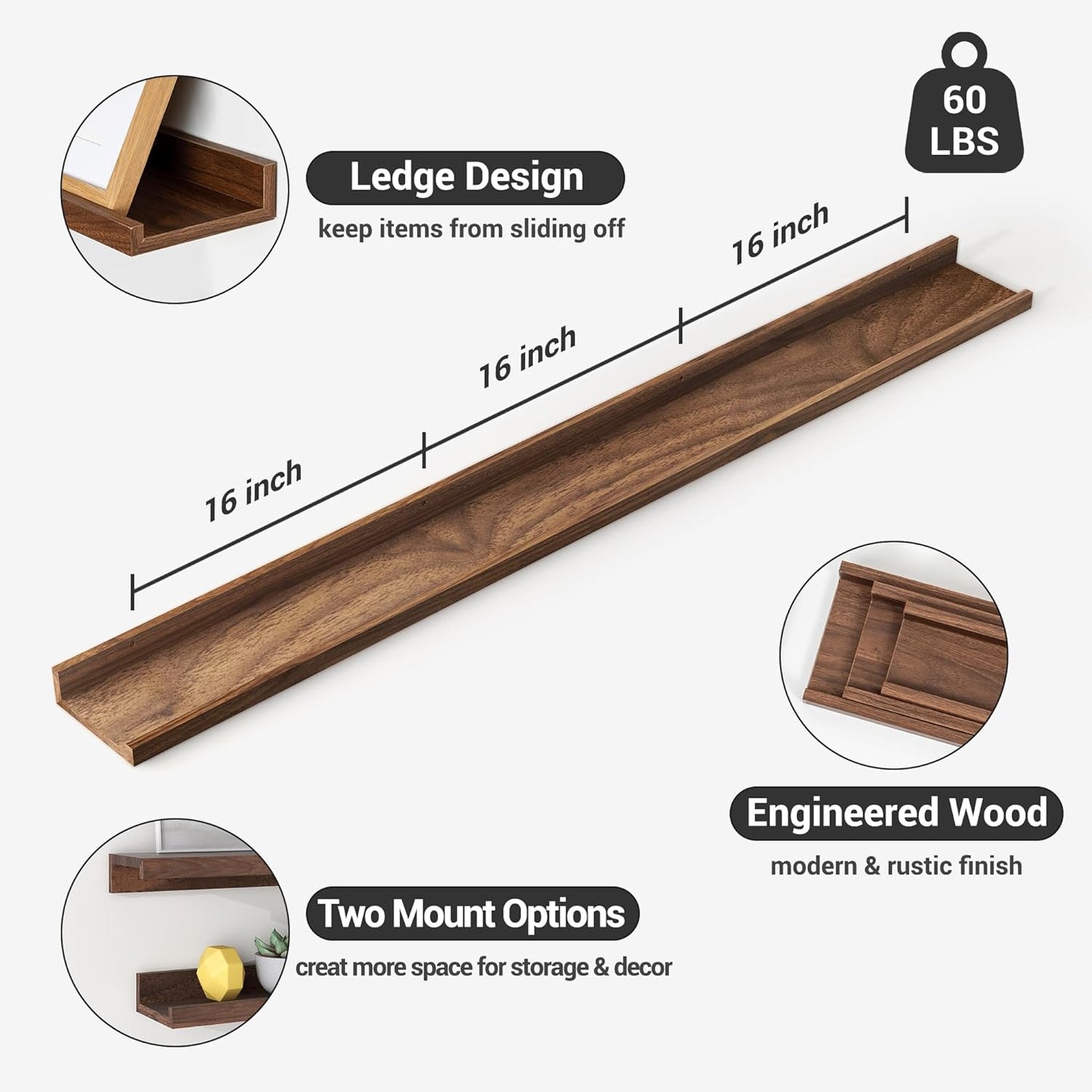 ShelfLoft 5.7"D x 2"H Walnut Picture Ledge Shelf Floating Shelves with Lip, Set of 3