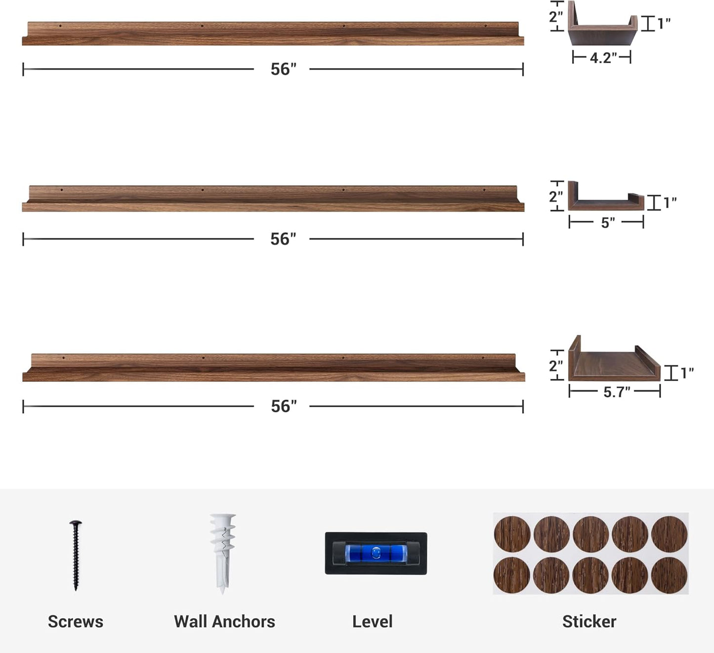 ShelfLoft 5.7"D x 2"H Walnut Picture Ledge Shelf Floating Shelves with Lip, Set of 3
