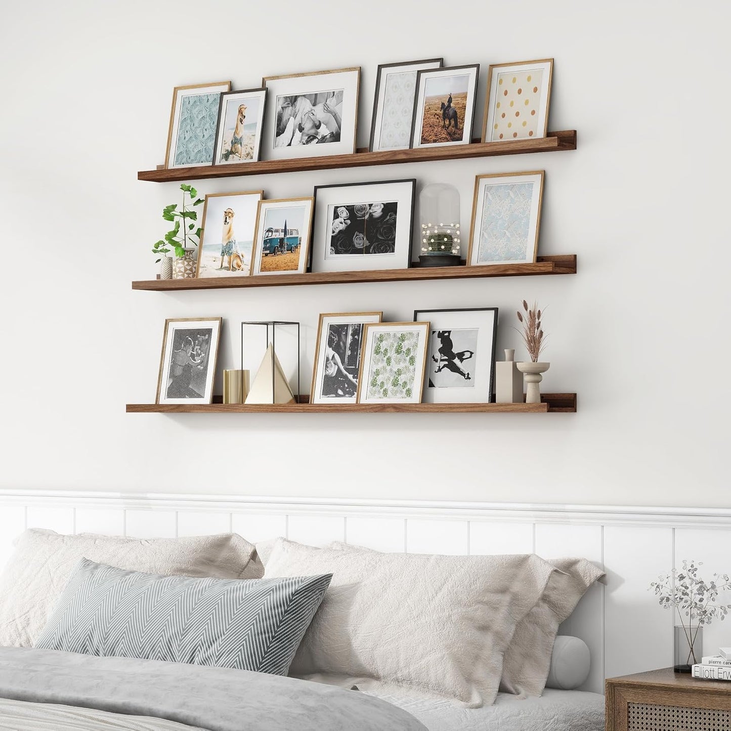 ShelfLoft 5.7"D x 2"H Walnut Picture Ledge Shelf Floating Shelves with Lip, Set of 3