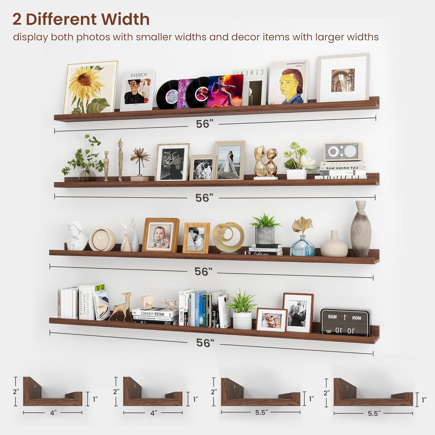 ShelfLoft 5.5"D x 2"H Walnut Picture Ledge Shelf Wall Display Floating Shelves with Lip