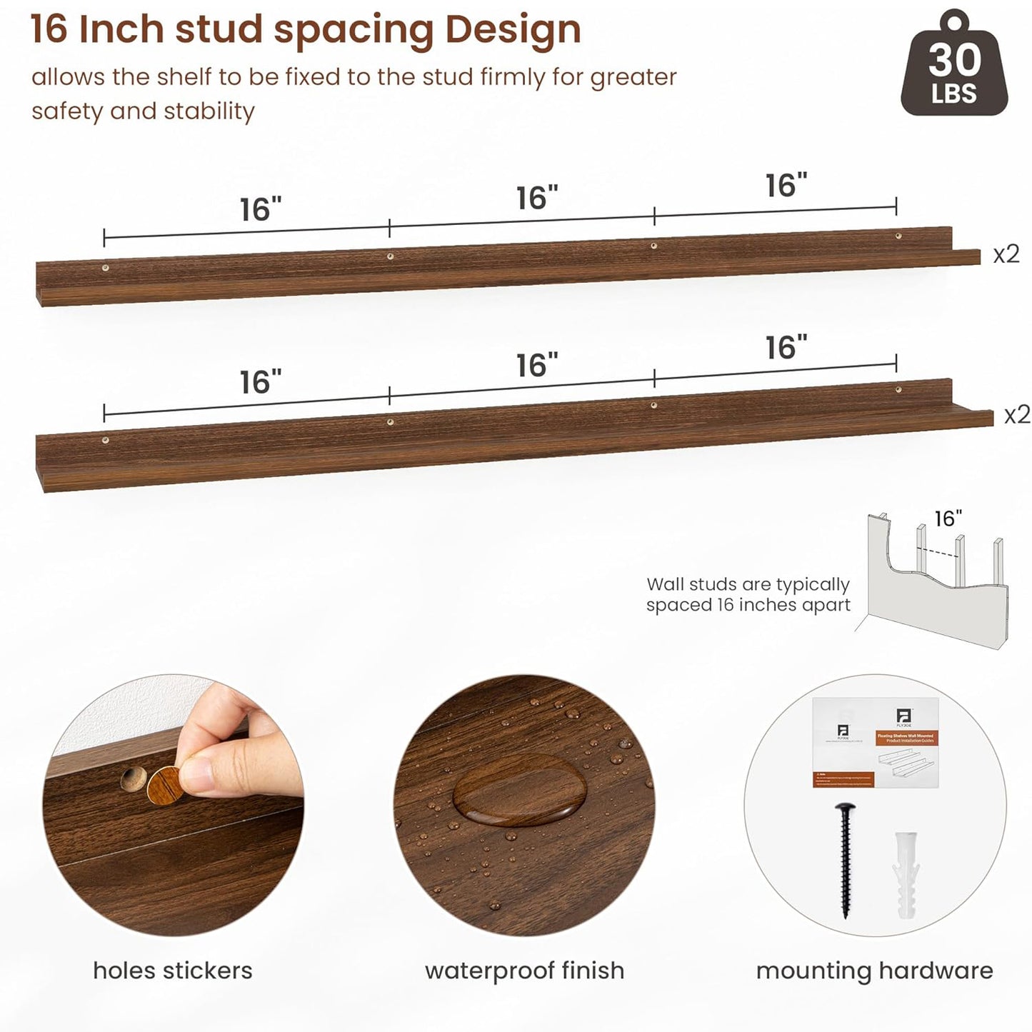 ShelfLoft 5.5"D x 2"H Walnut Picture Ledge Shelf Wall Display Floating Shelves with Lip