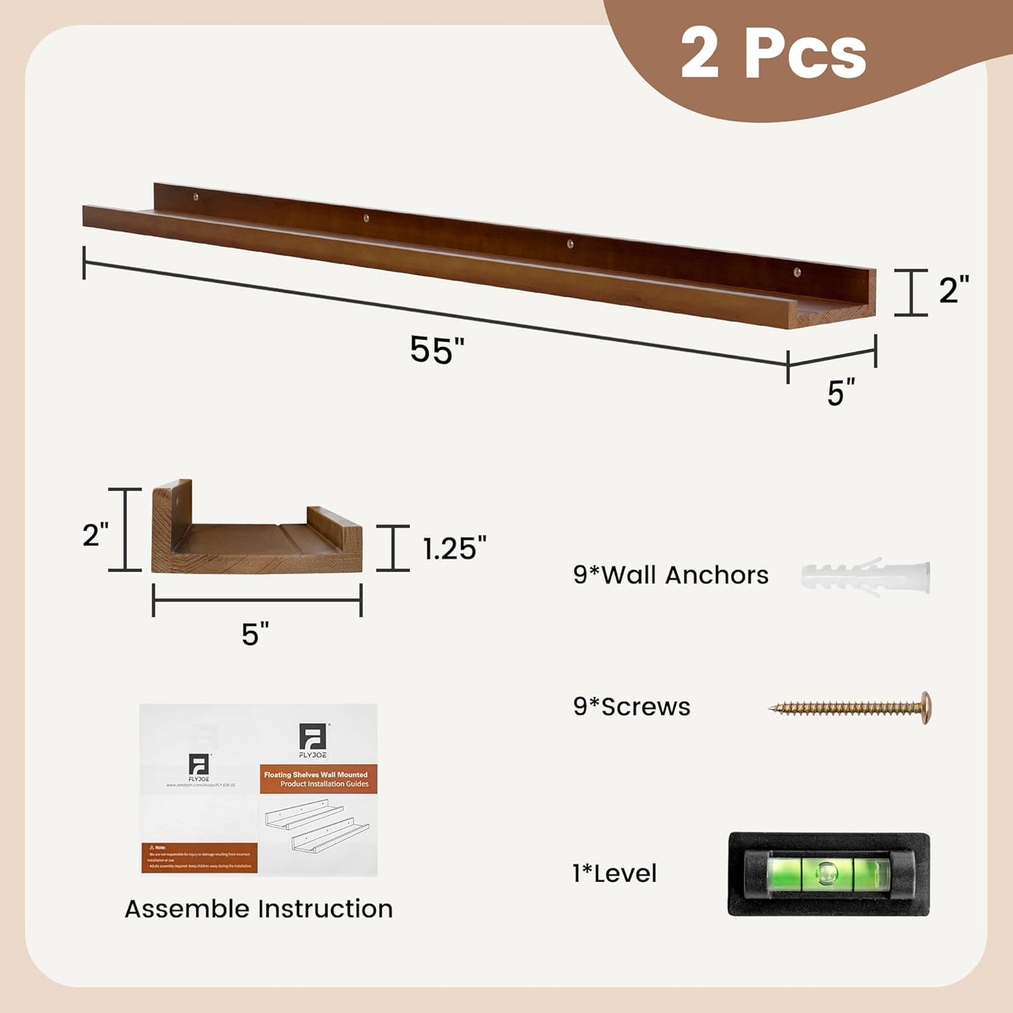 ShelfLoft 56" Wide x 5" Deep Pine Wood Picture Ledge Shelf Wall Shelves with Lip, 2 Pack