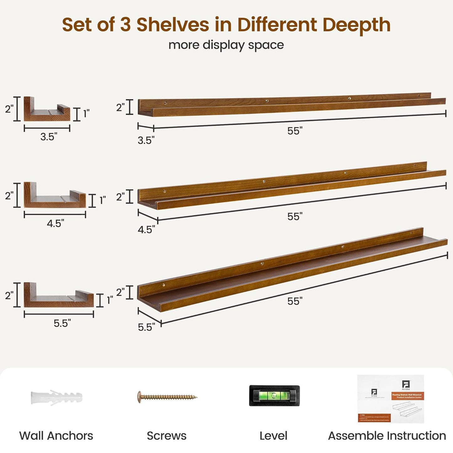 ShelfLoft 5.5"D x 2"H Walnut Pine Wood Picture Ledge Shelf Wall Shelves with Lip, 2 Pack