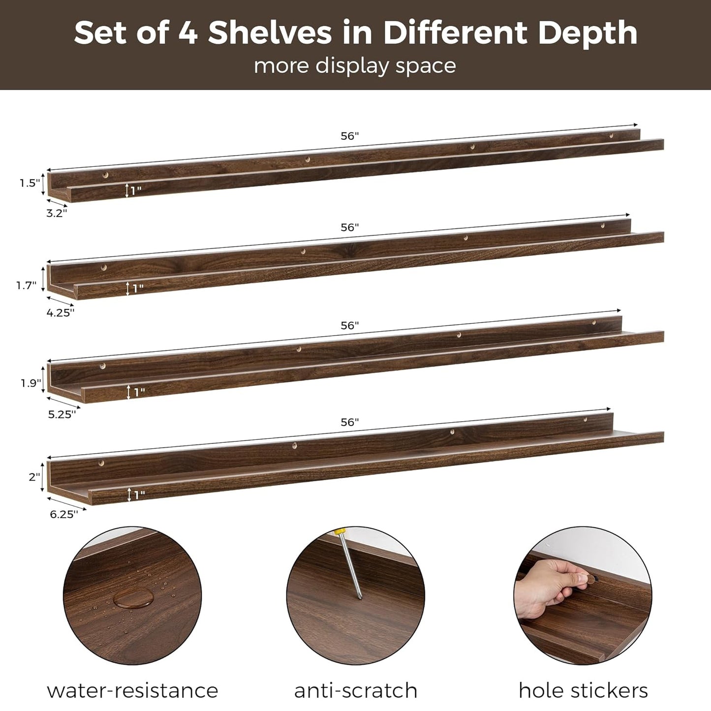 ShelfLoft 56" Wide x 6.25" Deep Picture Ledge Floating Shelves for Wall Storage,Set of 4