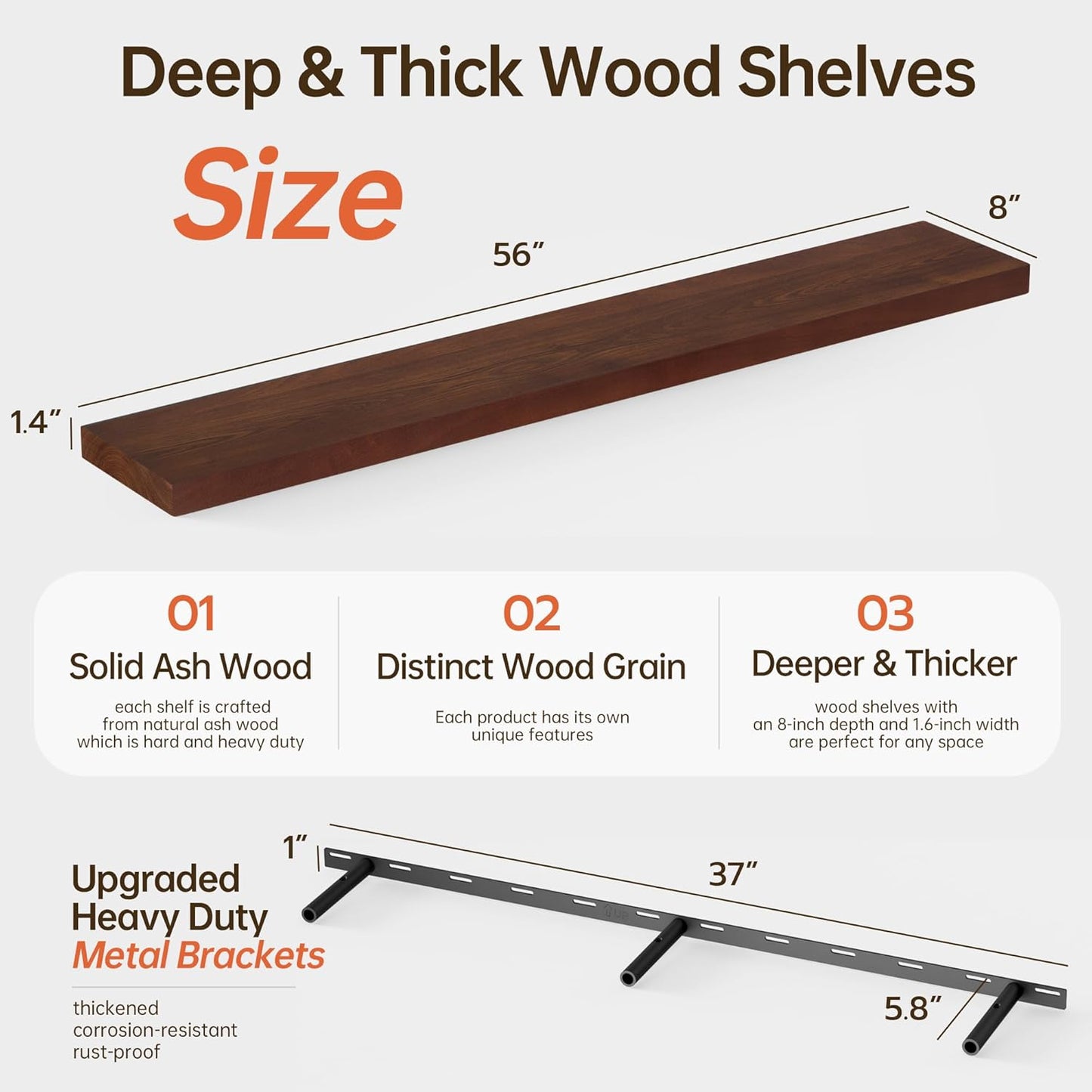 ShelfLoft 56" Wide x 8" Deep Solid Ash Wood Floating Shelves,1 Pack