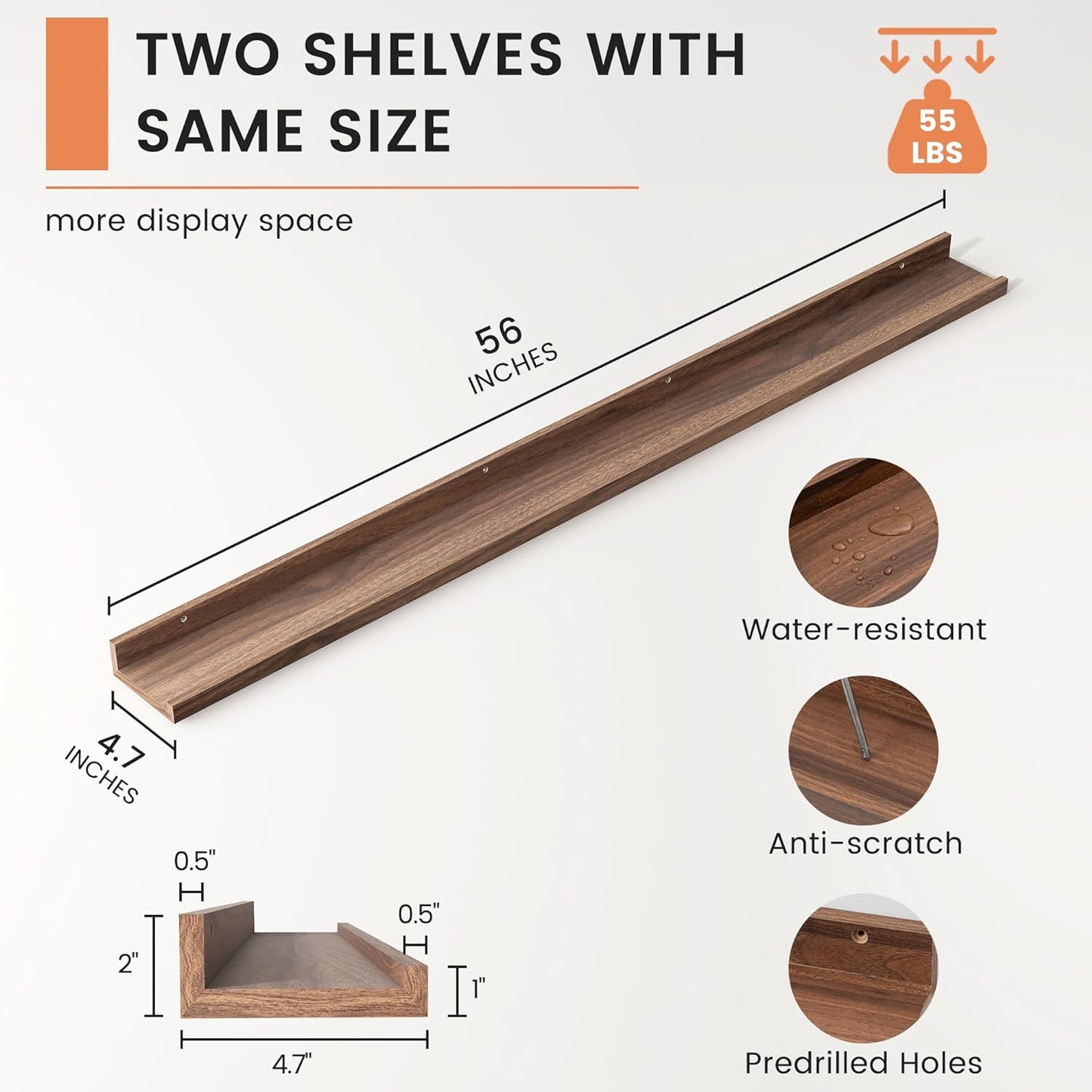 ShelfLoft 4.7"D x 2"H Walnut Picture Ledge Floating Shelves