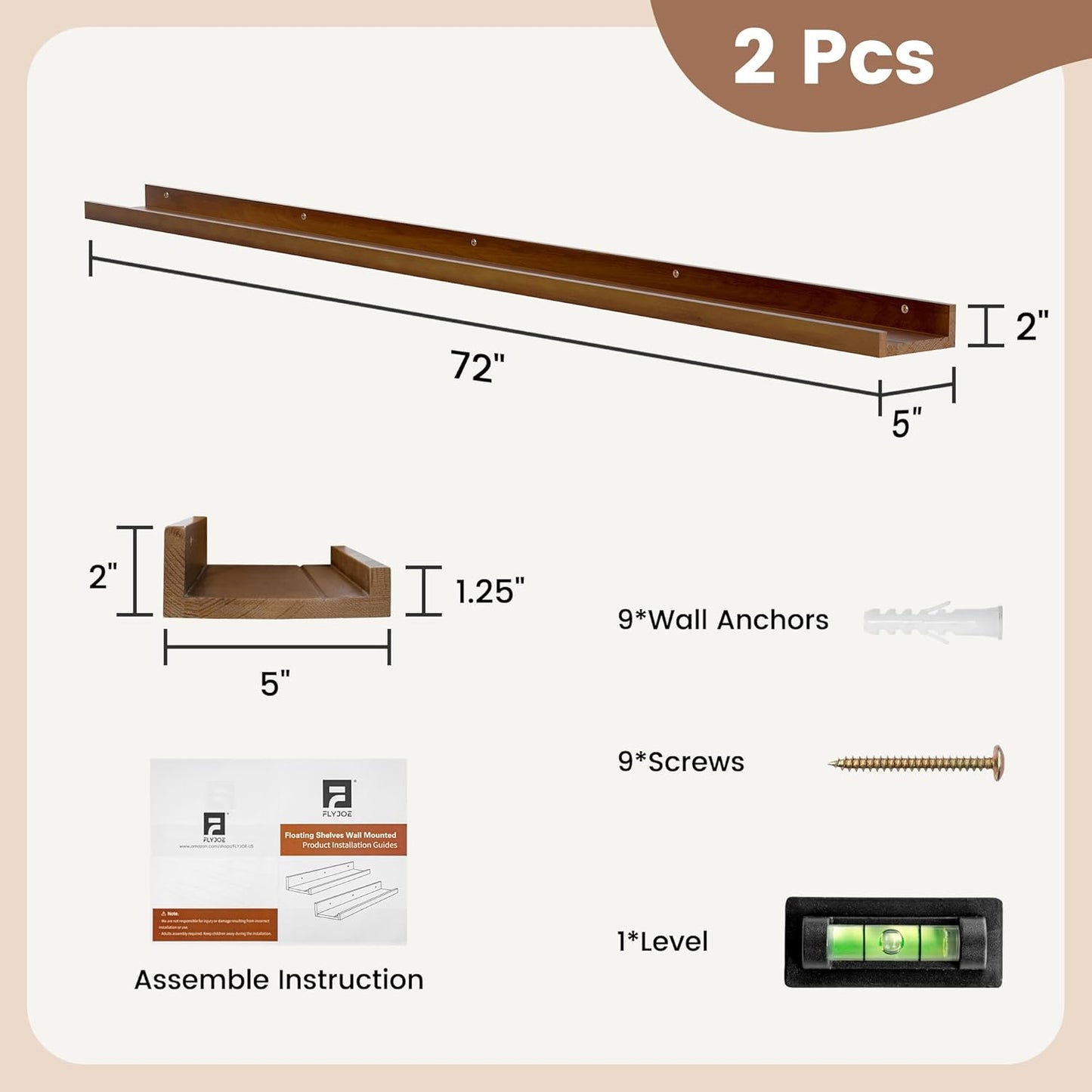 ShelfLoft 72"W x 5"D Walnut Pine Wood Picture Ledge Shelf Wall Shelves with Lip, 2 Pack