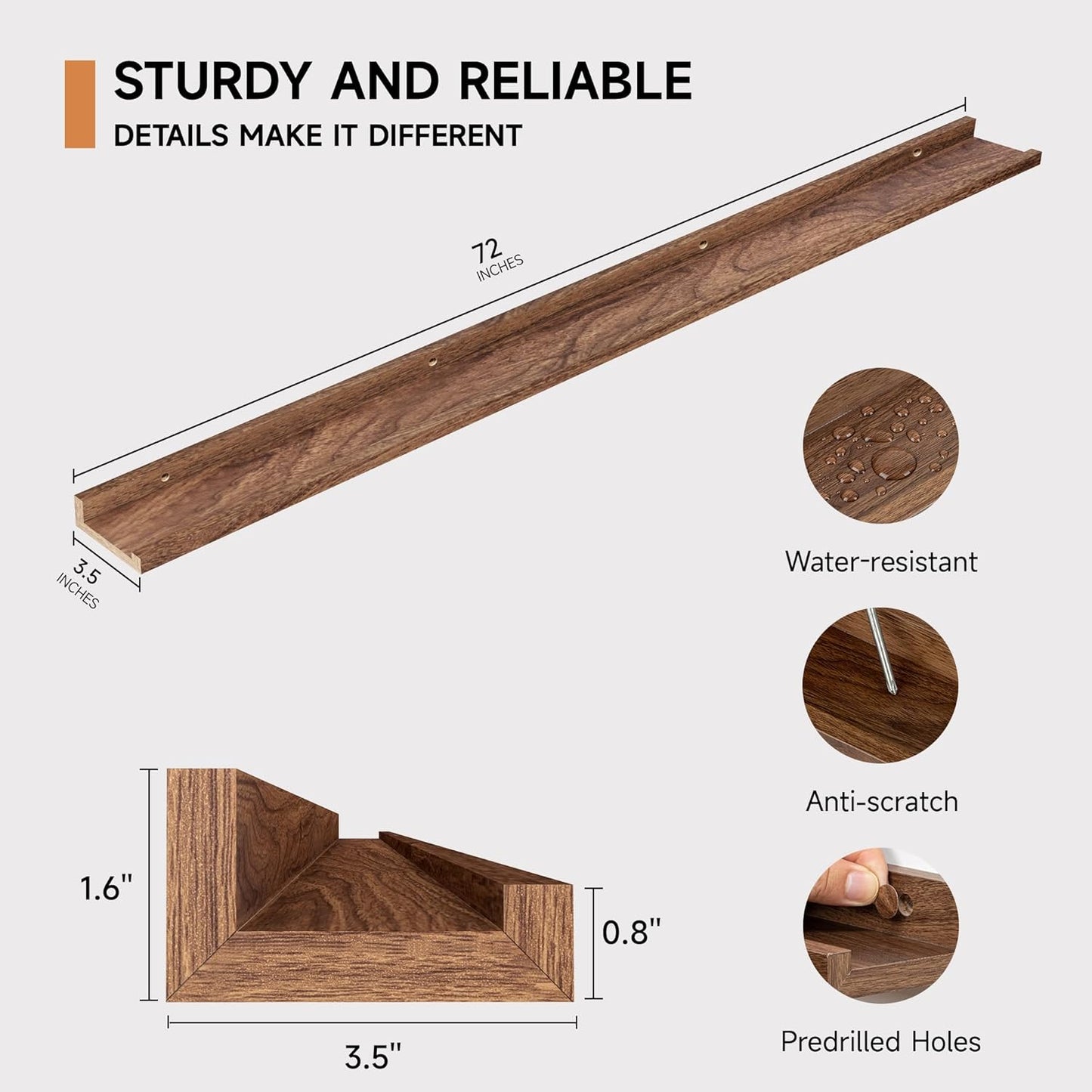 ShelfLoft 3.5"D x 1.6"H Walnut Picture Ledge Shelf Wall Display Floating Shelves