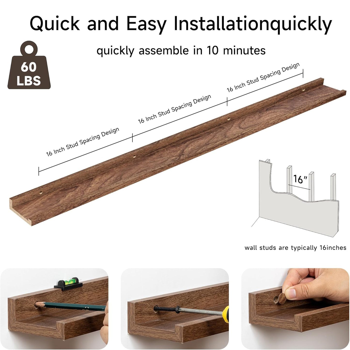 ShelfLoft 3.5"D x 1.6"H Walnut Picture Ledge Shelf Wall Display Floating Shelves